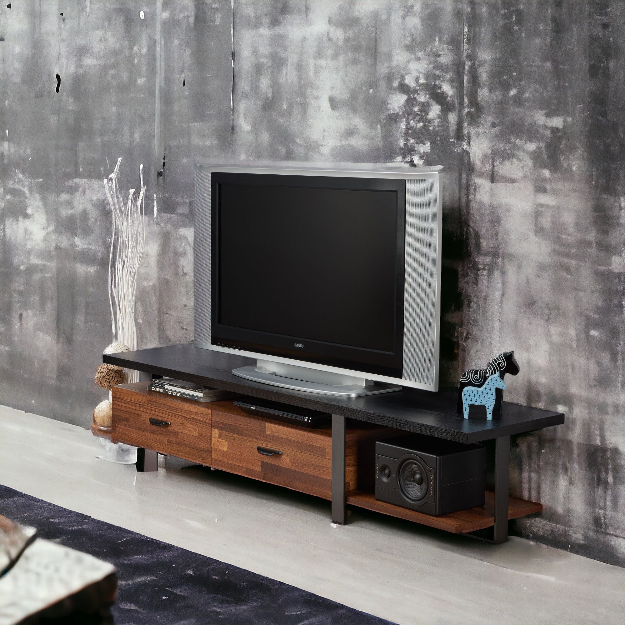 Walnut and Black 2-Drawer TV Stand with 1 Shelf