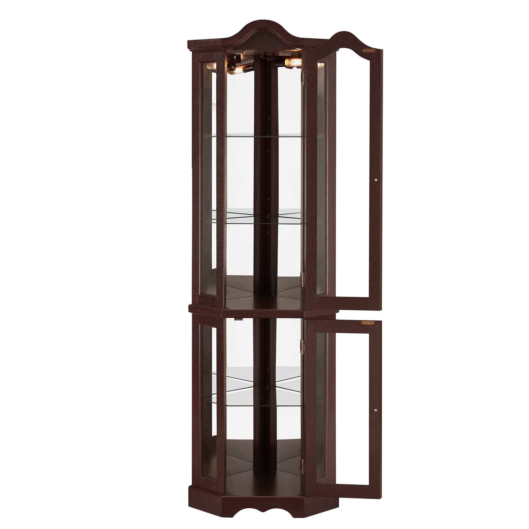 Lighted Corner Curio Cabinet with Tempered Glass Doors & Shelves - Elegant Oak Display Storage for Living Room & Bedroom Decor-DARK CHERRY