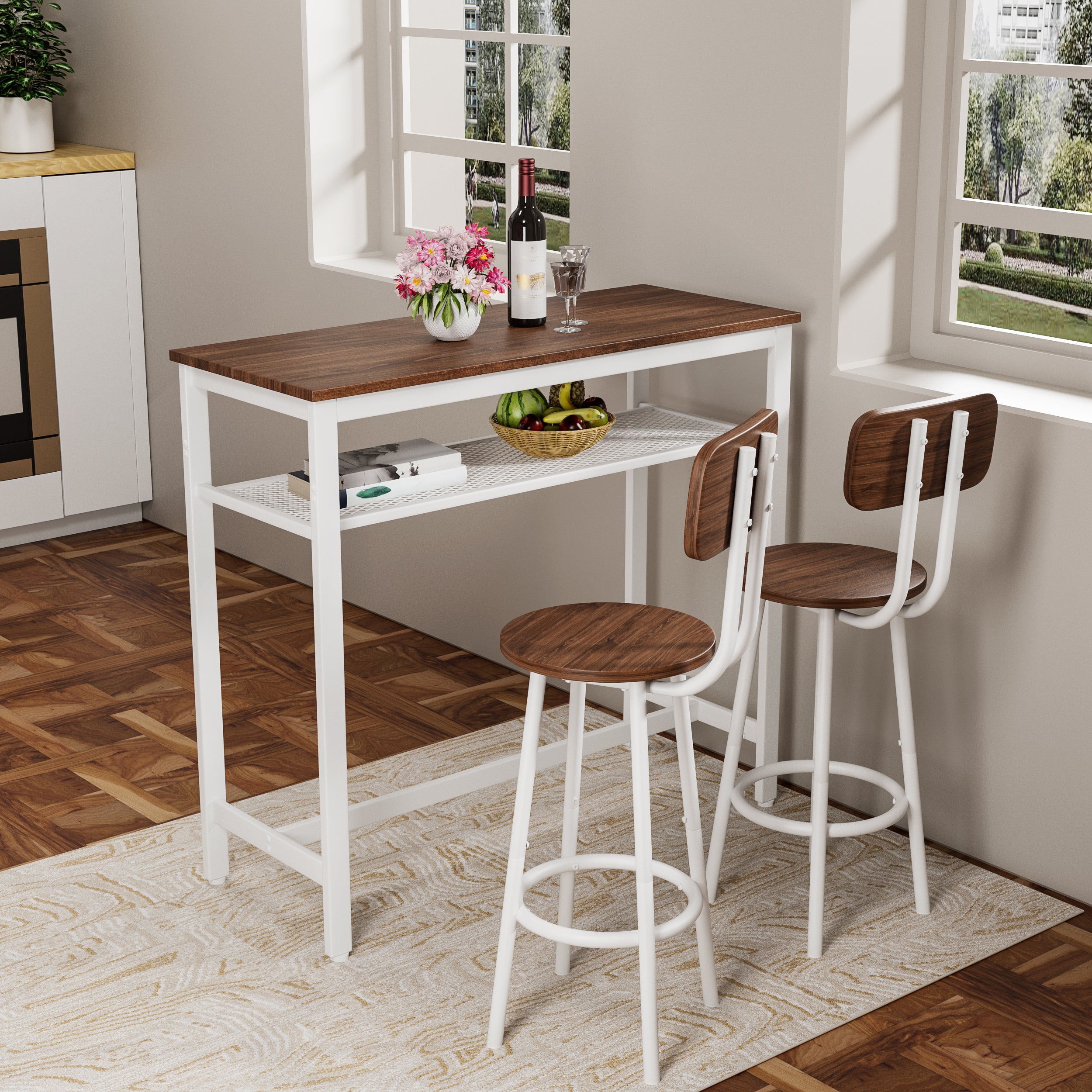 3 Piece Bar Table Set, Bar Table and Chairs Set of 2 with Metal Frame and Storage Rack , Modern Counter Height Table with 2 Stools for Kitchen, Dining Room, Living Room Breakfast Table Wood Top
