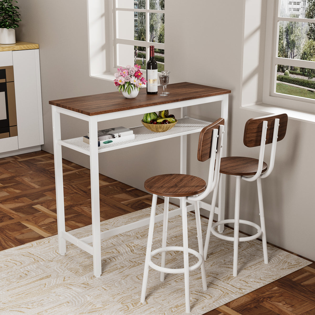 3 Piece Bar Table Set, Bar Table and Chairs Set of 2 with Metal Frame and Storage Rack , Modern Counter Height Table with 2 Stools for Kitchen, Dining Room, Living Room Breakfast Table Wood Top