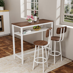 3 Piece Bar Table Set, Bar Table and Chairs Set of 2 with Metal Frame and Storage Rack , Modern Counter Height Table with 2 Stools for Kitchen, Dining Room, Living Room Breakfast Table Wood Top