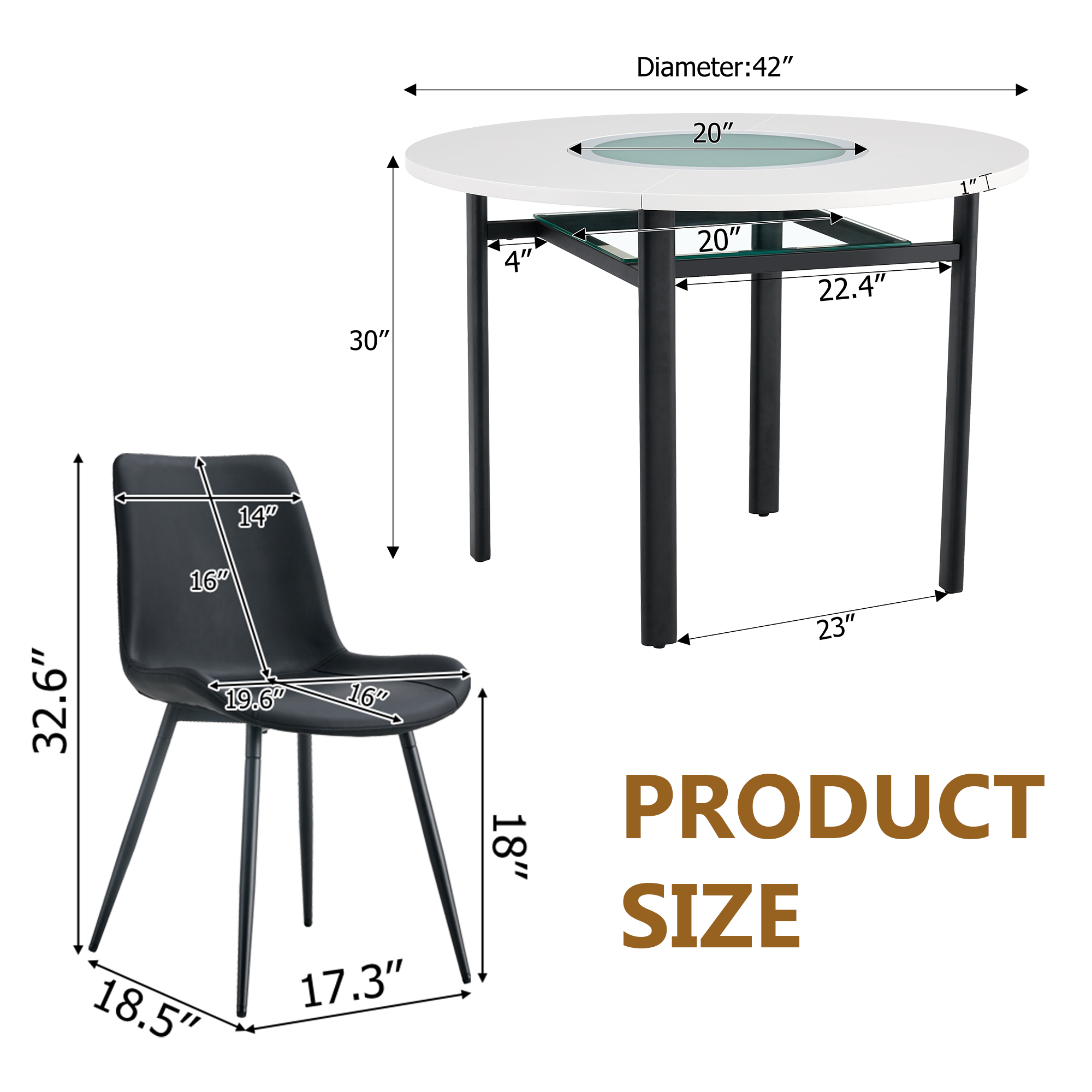 Table and chair set.42 inch modern minimalist white desktop round dining table set.Paired with 6 Black Artificial PU Chairs With Curved Widened Cushion Design. Suitable for dining rooms,office,etc.