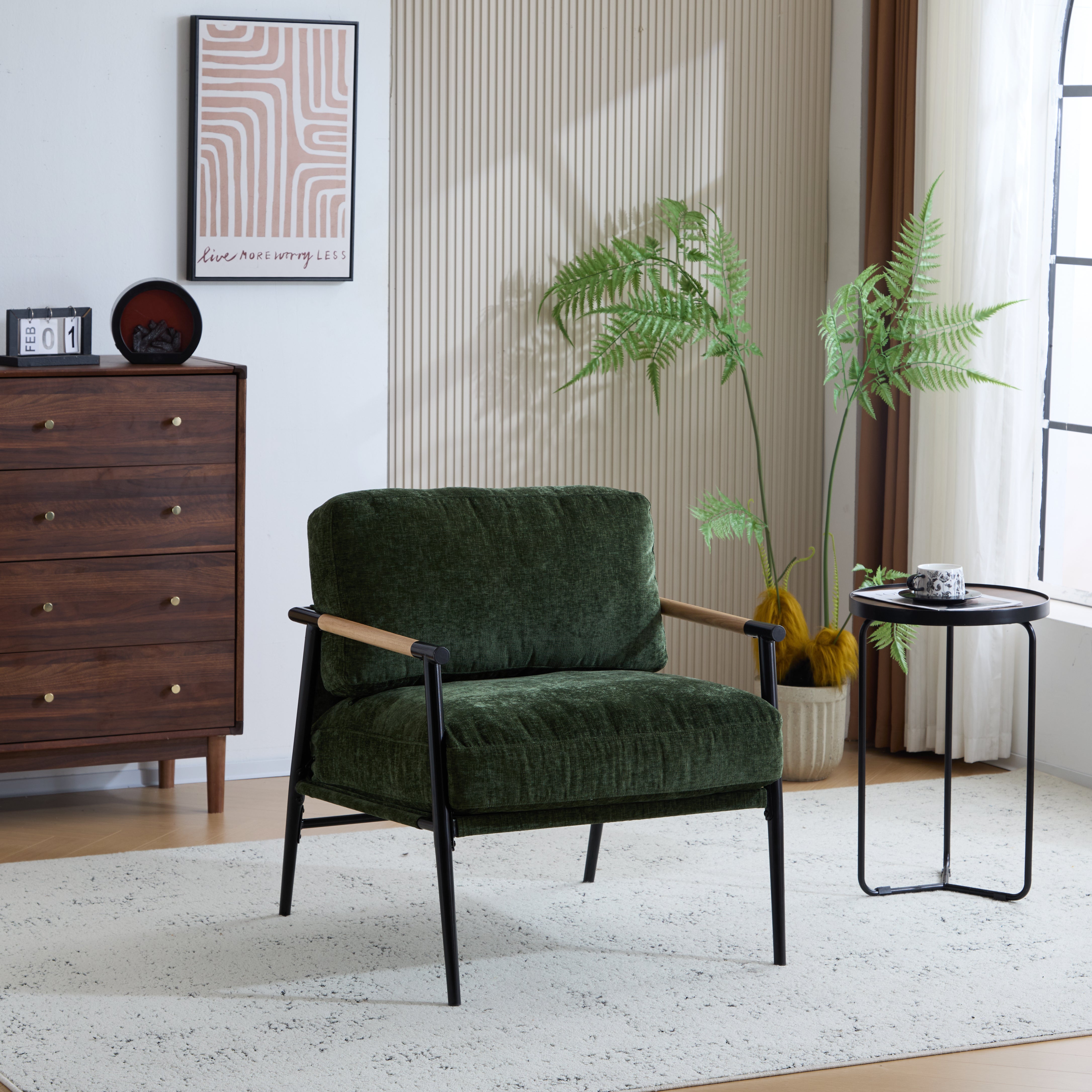 27.56" Modern Accent Chair with Plush Cushions, Minimalist Metal Frame, and Wooden Armrest Design – Perfect for Cozy Living Room, Bedroom, or Office Seating