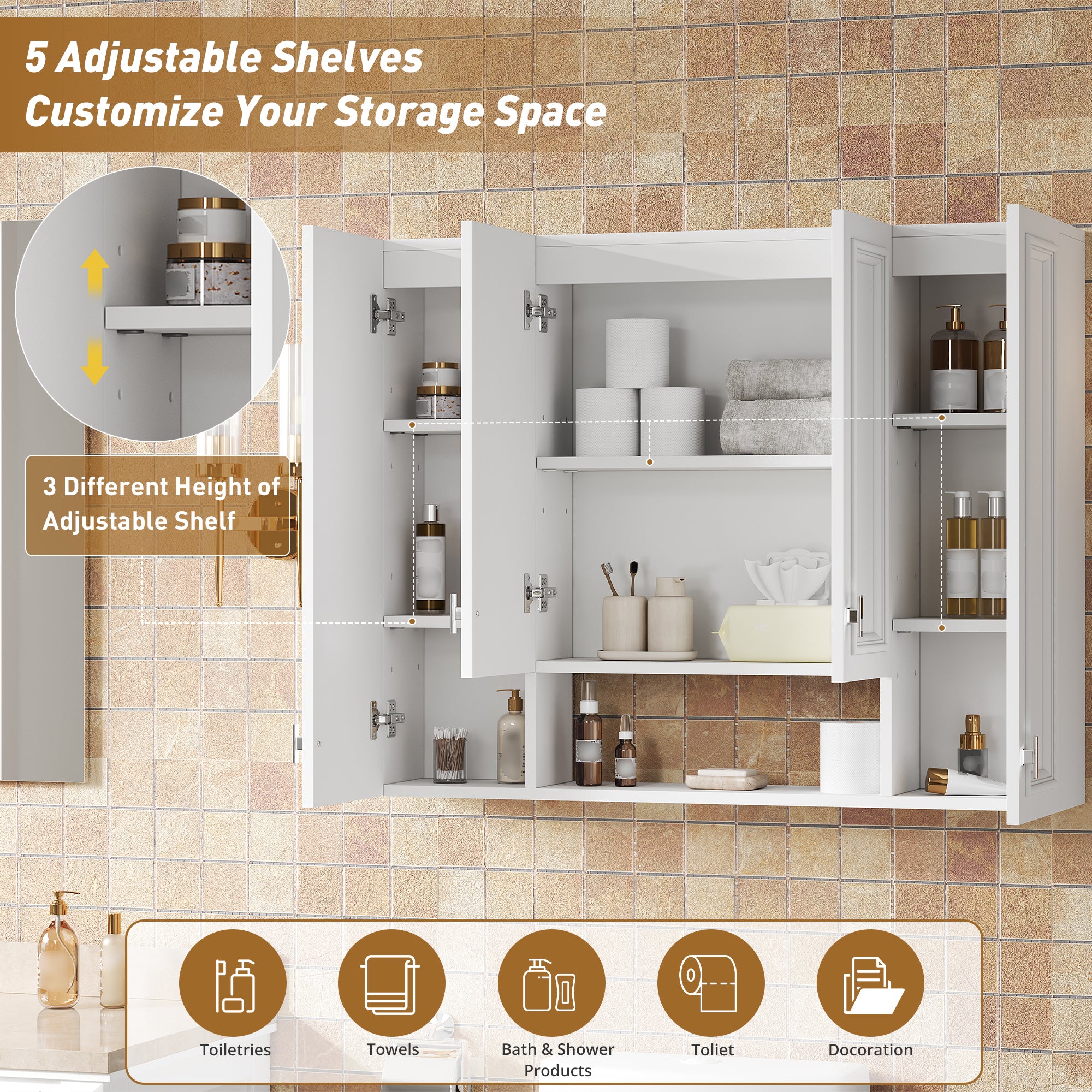 Modern Bathroom Cabinet with 5 Adjustable Shelves, Wall-Mounted Medicine Cabinet for Bathroom, Soft-Closing Hinges, Open Shelving Design