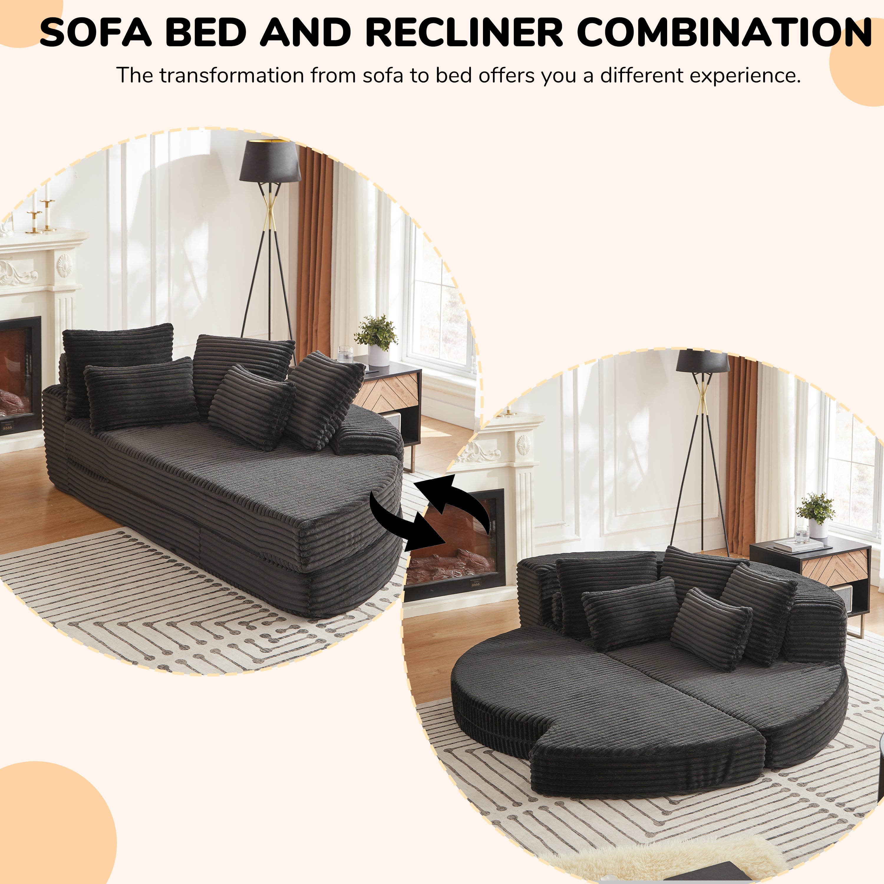 78.5-Inch Corduroy Semi-Circular 2-in-1 Sofa Bed, Designer Recliner with Neck Pillow and Five Throw Pillows in Living Room