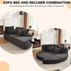 78.5-Inch Corduroy Semi-Circular 2-in-1 Sofa Bed, Designer Recliner with Neck Pillow and Five Throw Pillows in Living Room