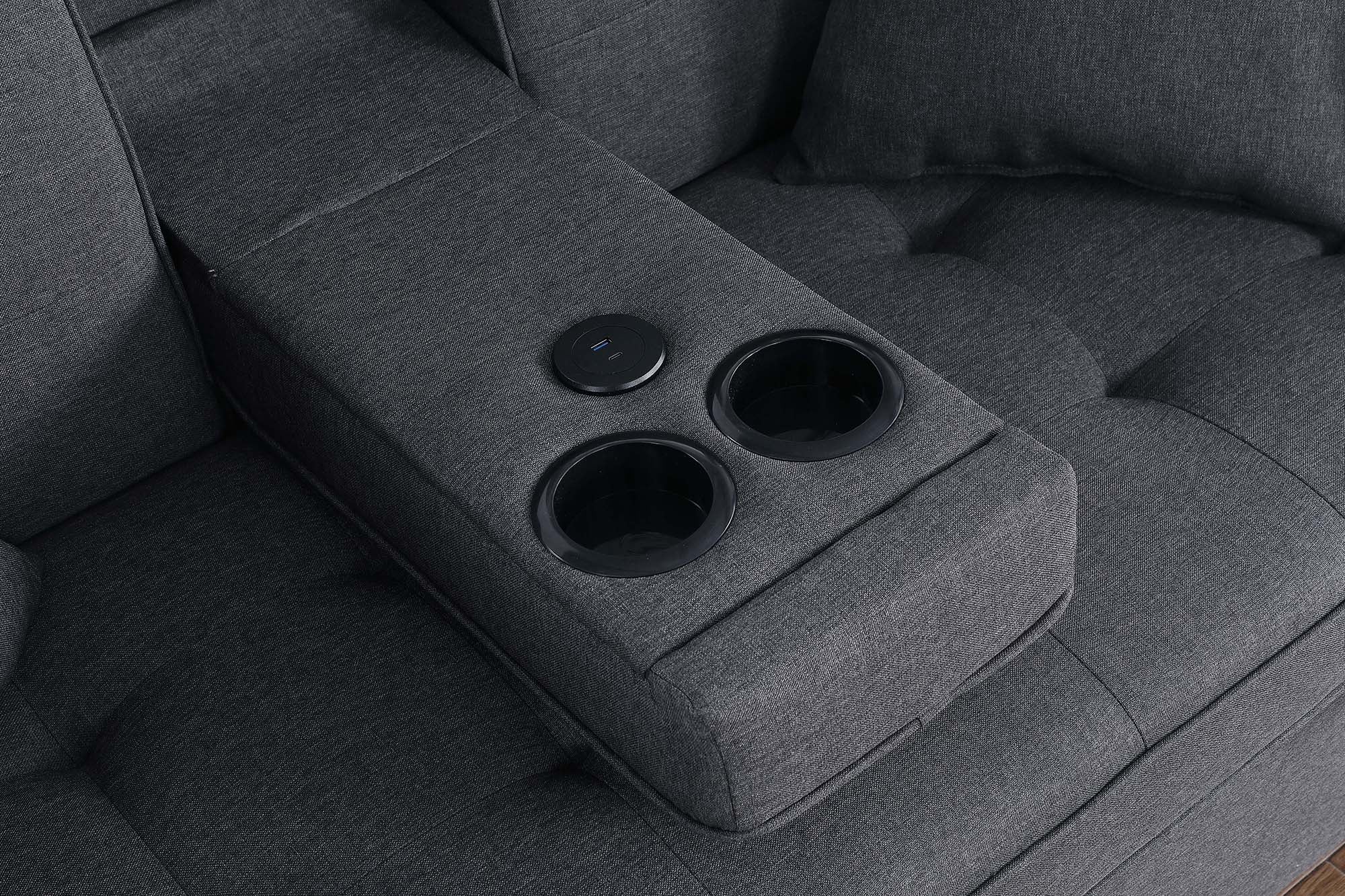 Cody II 70"W Dark Gray Linen Convertible Sleeper Loveseat with Dropdown Console, Cup Holders, Charging Ports, Pocket, and Pocket Coil Seating