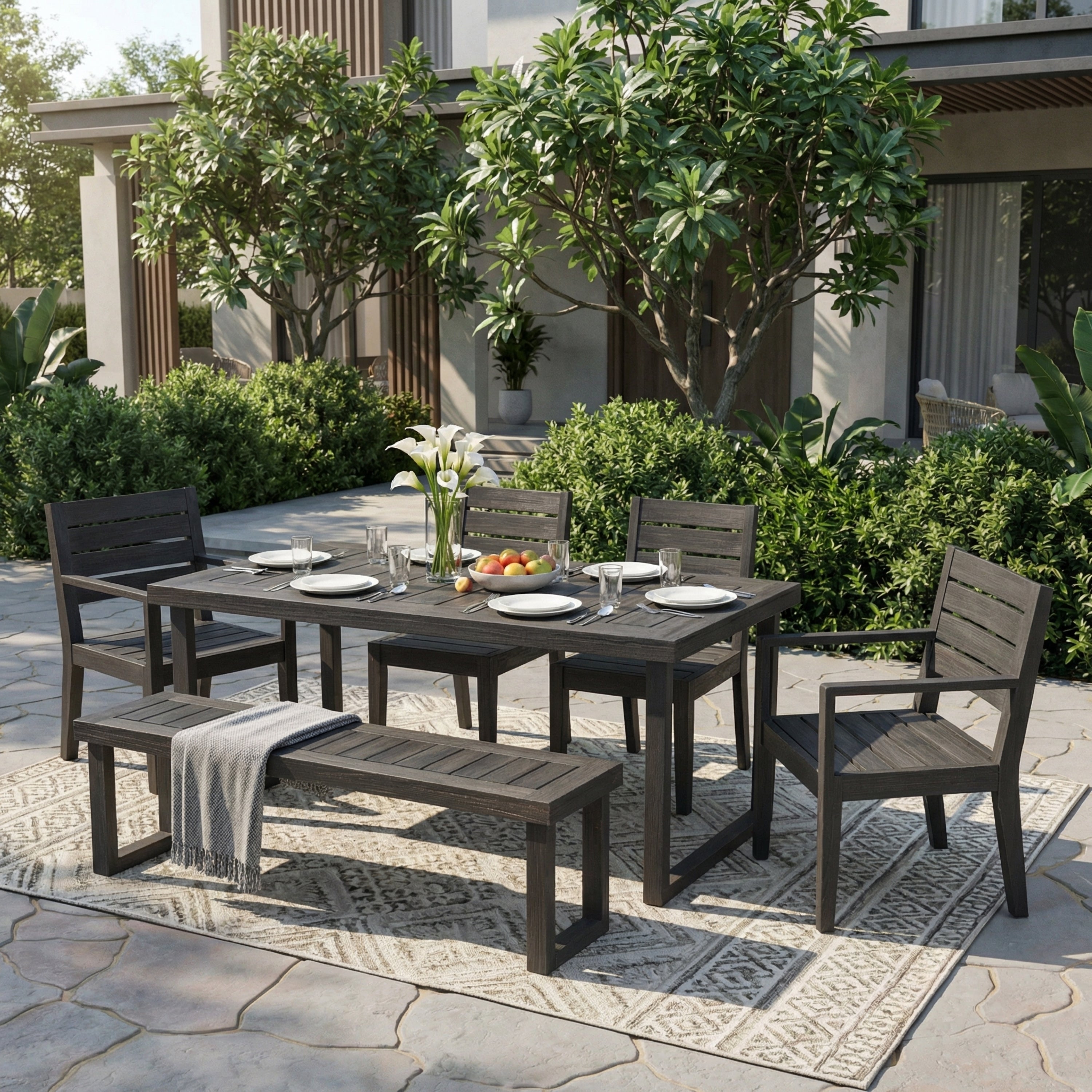 Outdoor 6-Seater Acacia Wood Dining Set with Bench,Sandblast Dark Grey With Light Grey Cushion