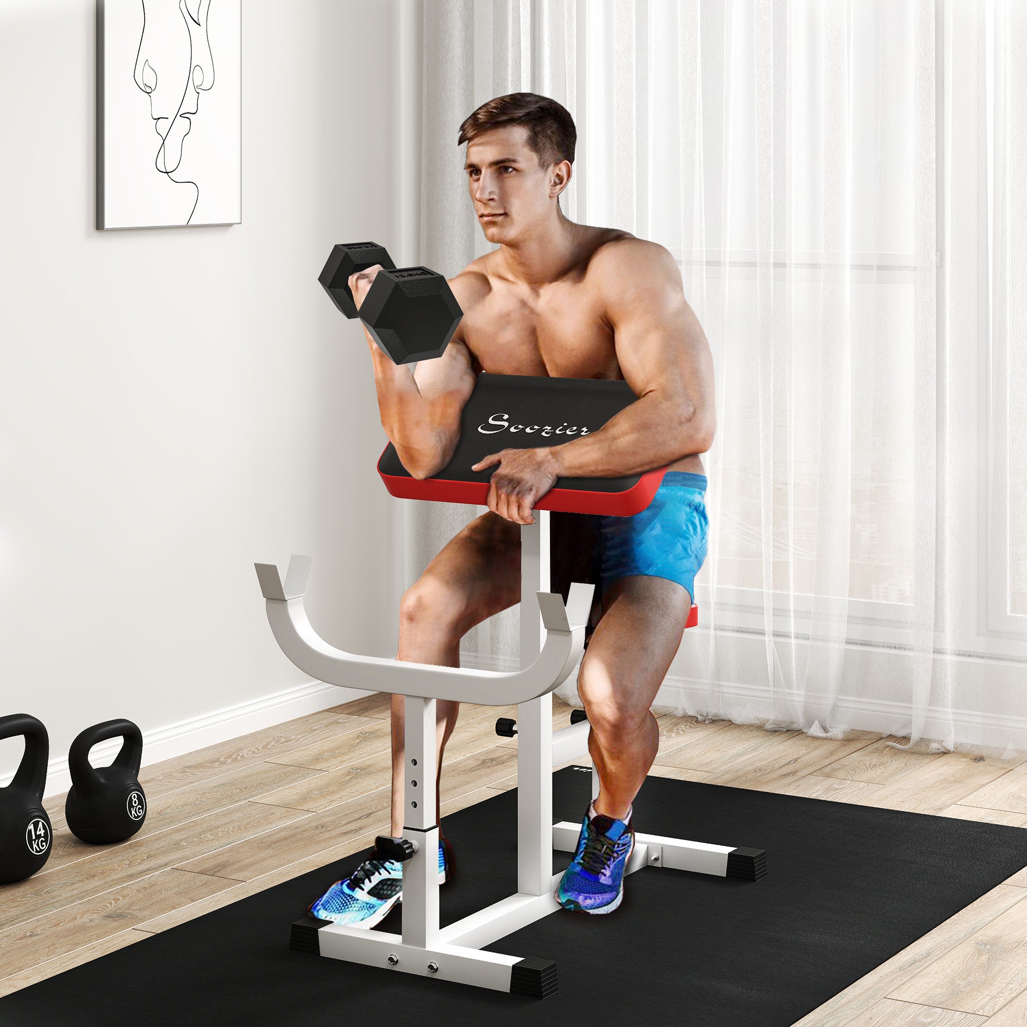 Soozier 265 LBS Preacher Curl Bench for Strength Training, Adjustable Seated Arm Isolated Barbell Dumbbell Bicep Station, White
