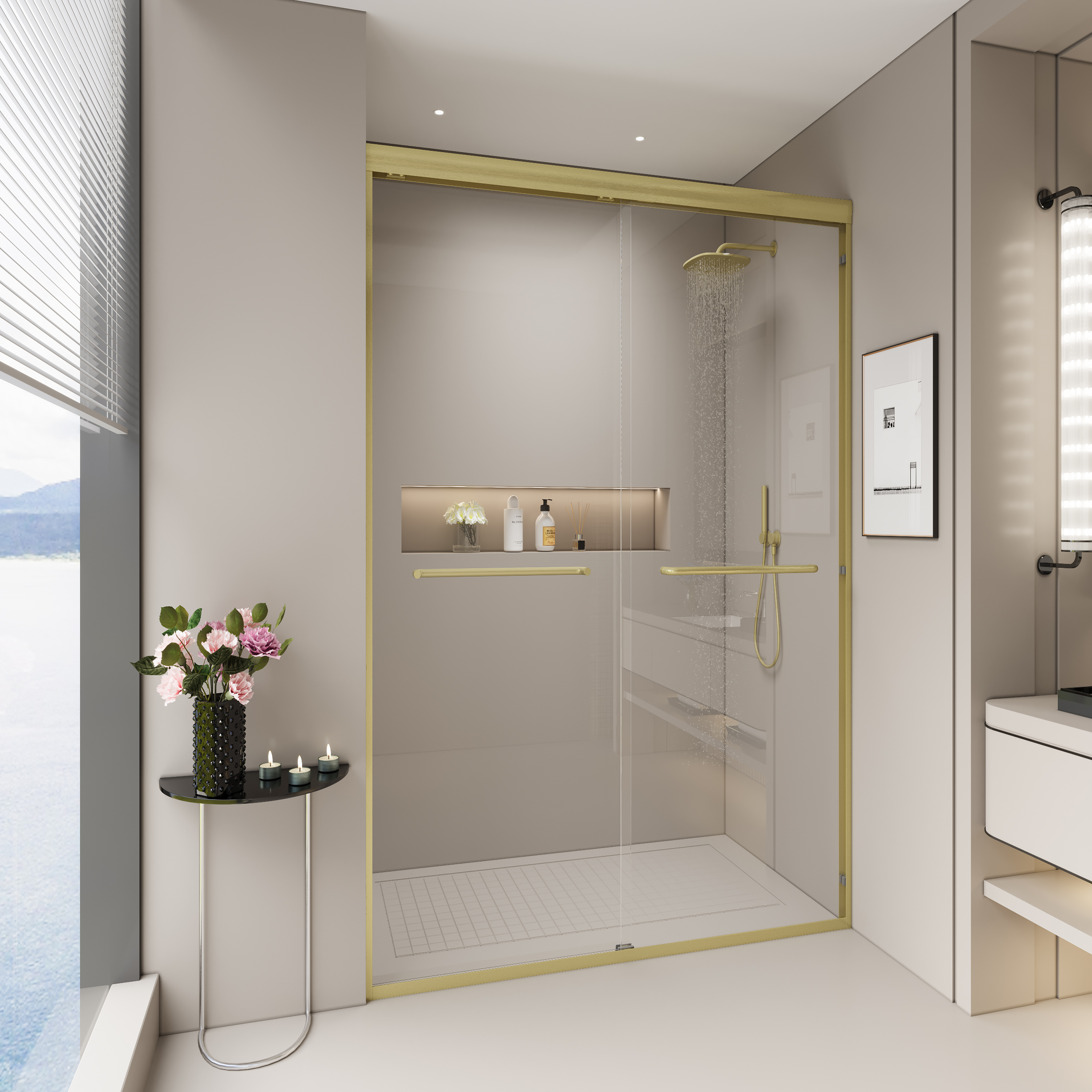 44" - 48" W x 72" H Double Sliding Shower Door, Semi-frameless Bathroom Sliding Door with 1/4" (6mm) Tempered Glass for Walk-in Shower, Brushed Gold GF-24D03-48BGX