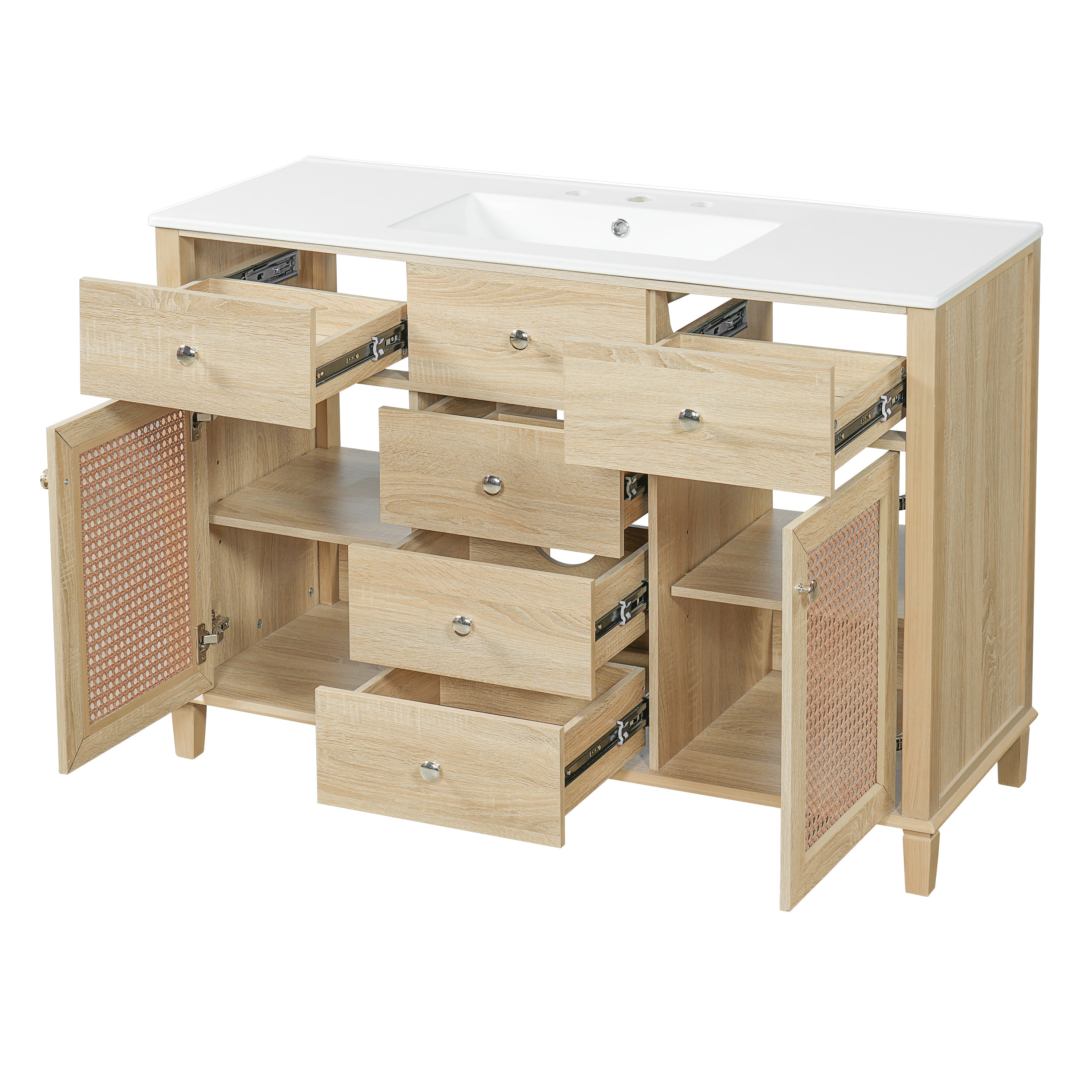 48-Inch Natural Rattan Bathroom Vanity: Solid Wood Frame, 5 Drawers, 2 Rattan Cabinet Doors & Premium Ceramic Sink