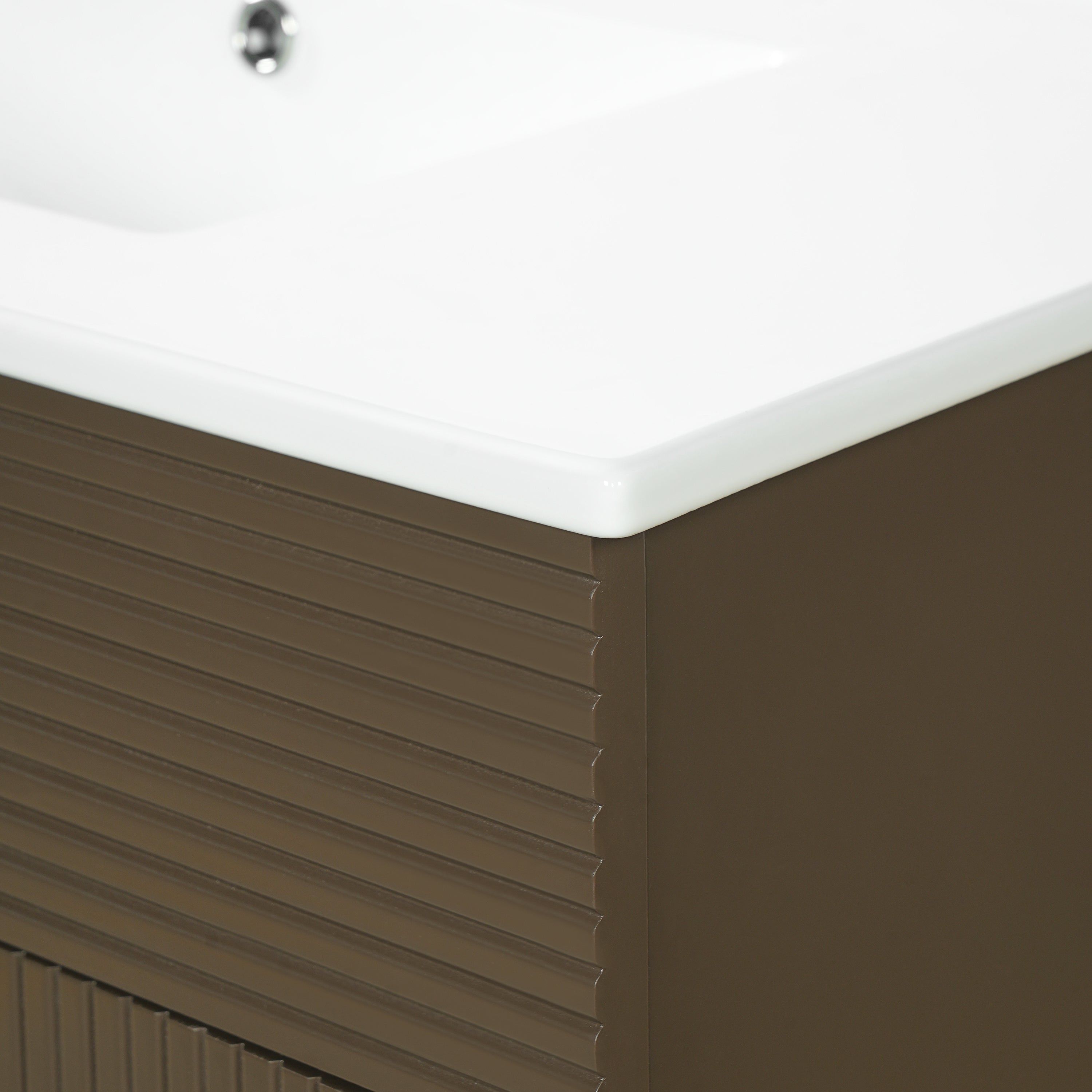 36" Luxury Striped Dark Brown Vanity: Soft-Close Dual-Door Storage & Premium Ceramic Sink