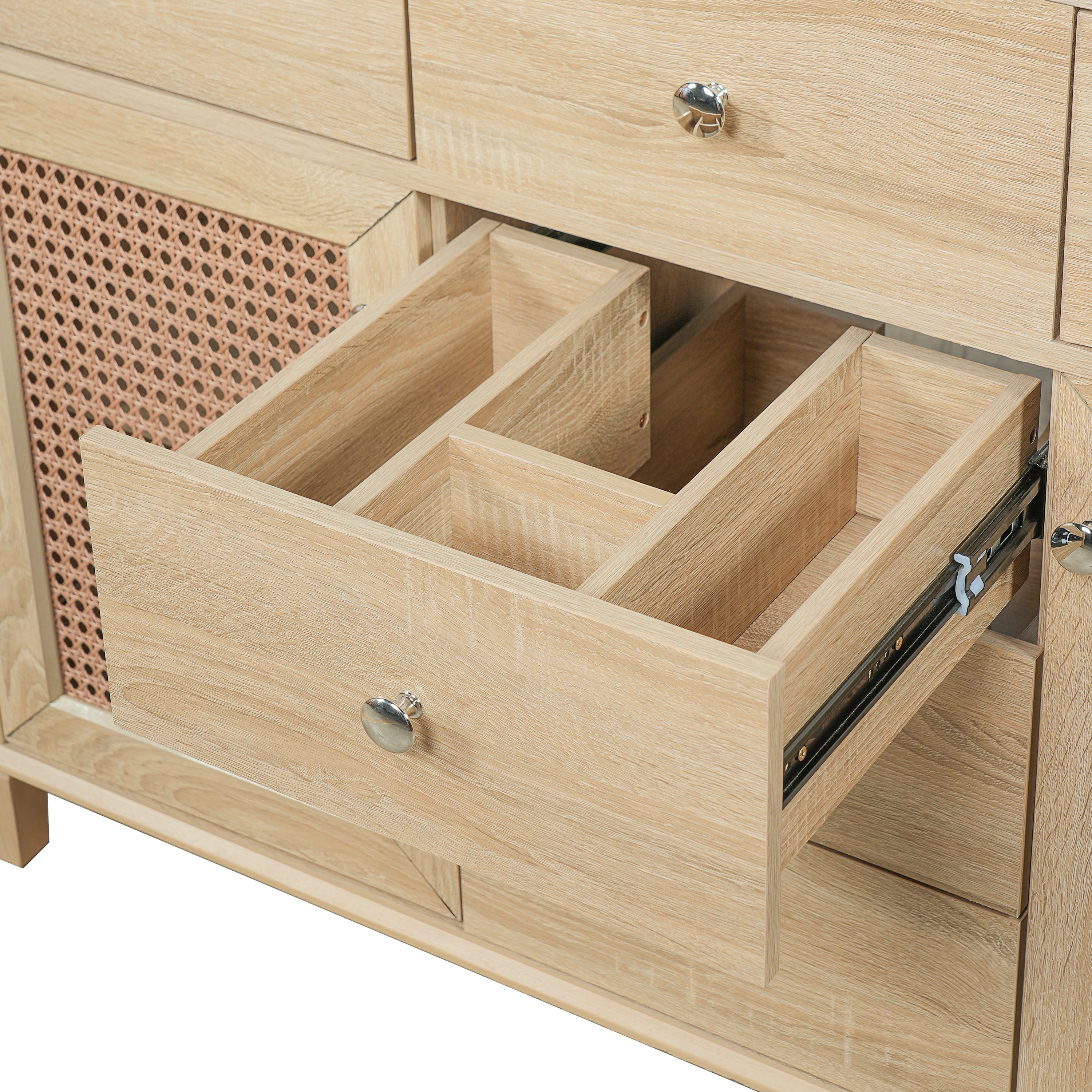 48-Inch Natural Rattan Bathroom Vanity: Solid Wood Frame, 5 Drawers, 2 Rattan Cabinet Doors & Premium Ceramic Sink