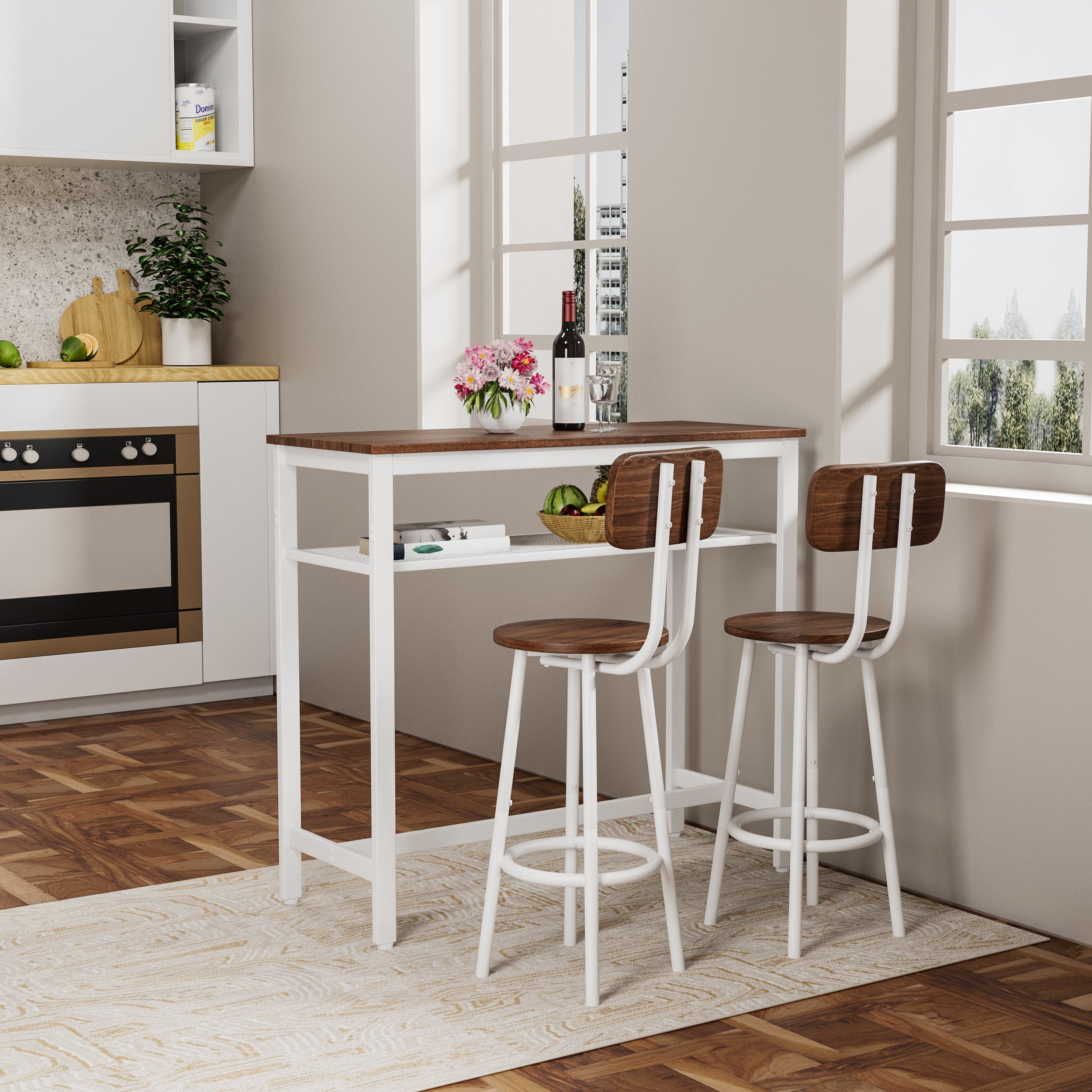 3 Piece Bar Table Set, Bar Table and Chairs Set of 2 with Metal Frame and Storage Rack , Modern Counter Height Table with 2 Stools for Kitchen, Dining Room, Living Room Breakfast Table Wood Top