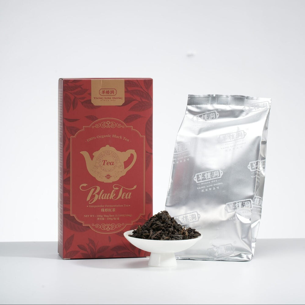 Red box and clear bag of black tea on a white background