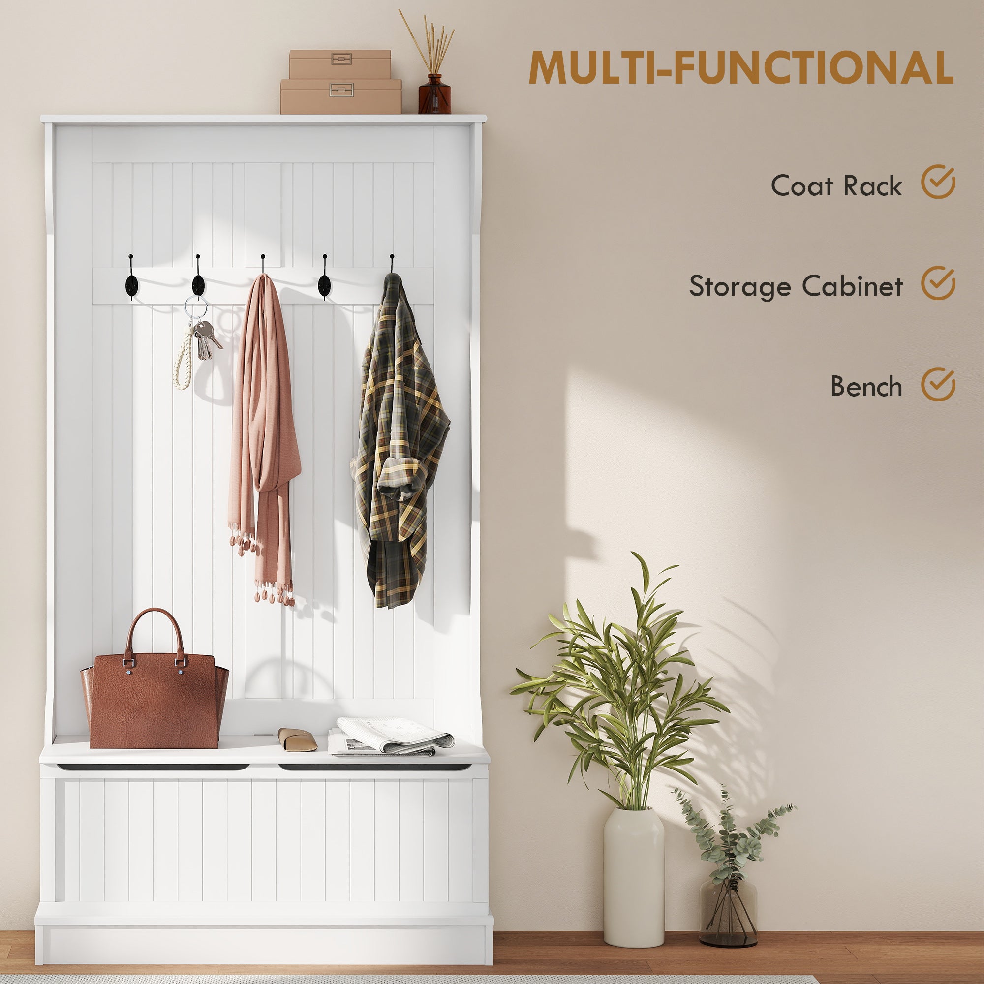 HOMCOM 3-In-1 Entryway Bench with Coat Rack, Hall Tree with Bench and Shoe Storage, 5 Hooks for Hallway Cream White