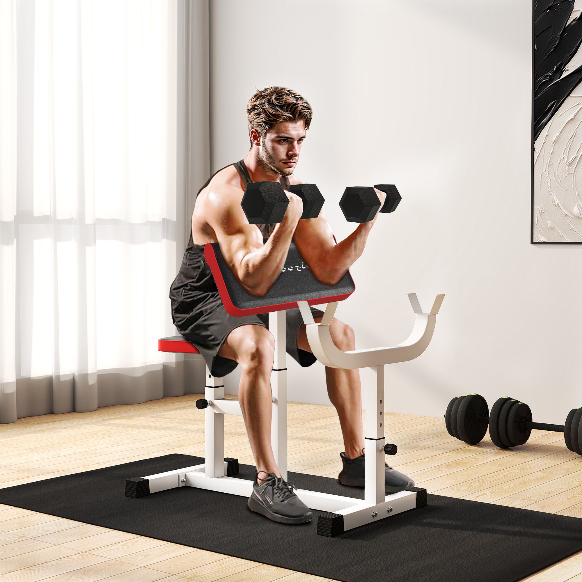 Soozier 265 LBS Preacher Curl Bench for Strength Training, Adjustable Seated Arm Isolated Barbell Dumbbell Bicep Station, White