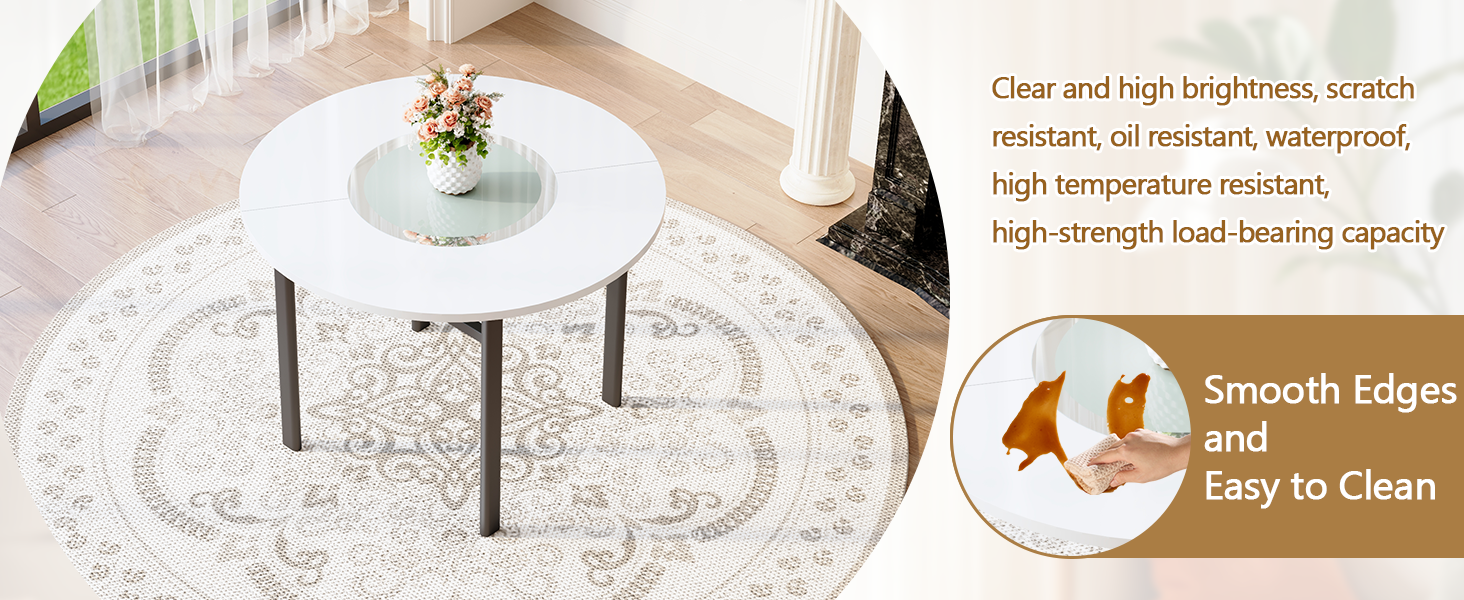 Table and chair set.42 inch modern minimalist white desktop round dining table set.Paired with 6 Black Artificial PU Chairs With Curved Widened Cushion Design. Suitable for dining rooms,office,etc.