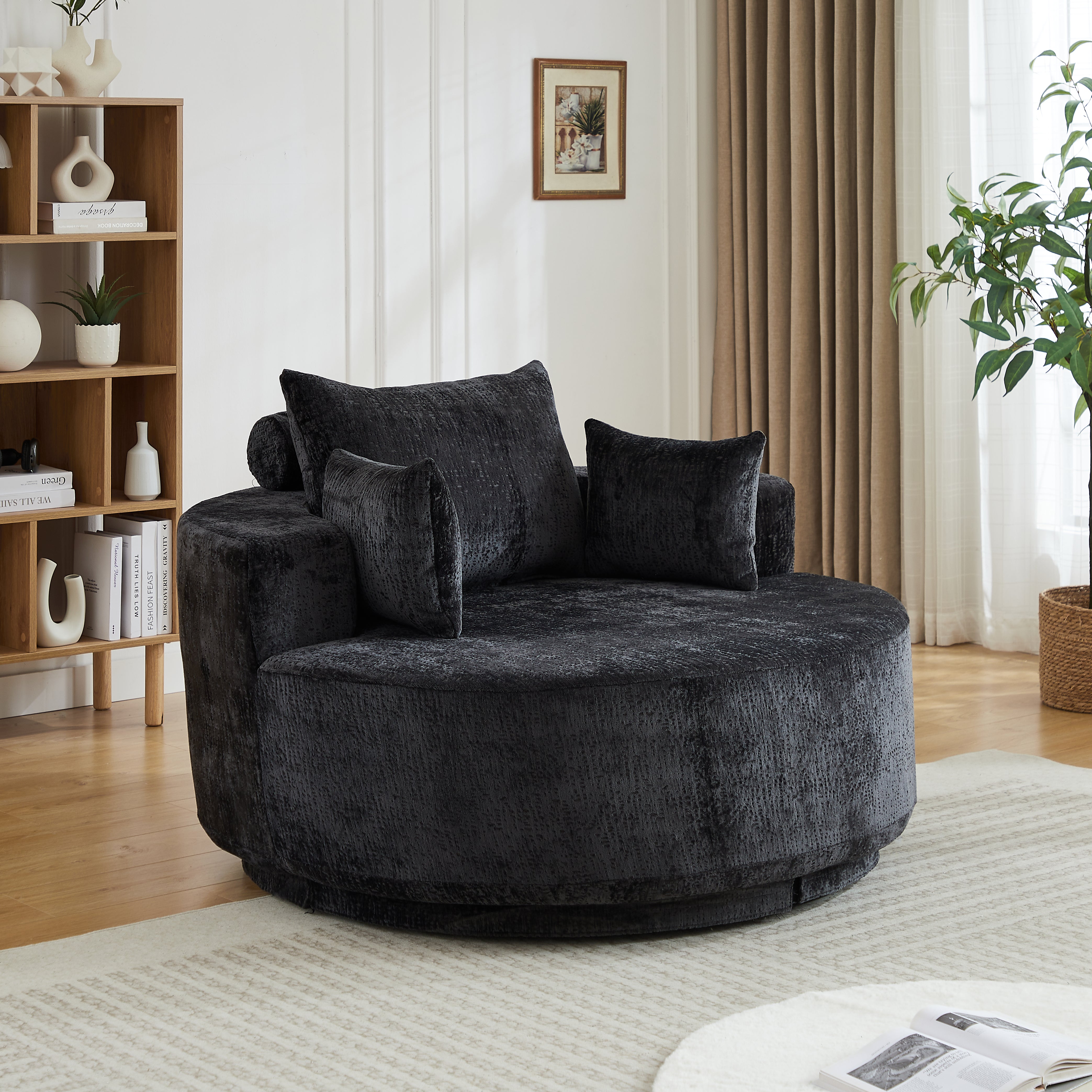 55''L Chenille Foam Single Swivel Chair, Fluffy Modern Sleeper, 360 Degree Swivel Chair for Living Room, Bedroom, Lounge and Projection Room