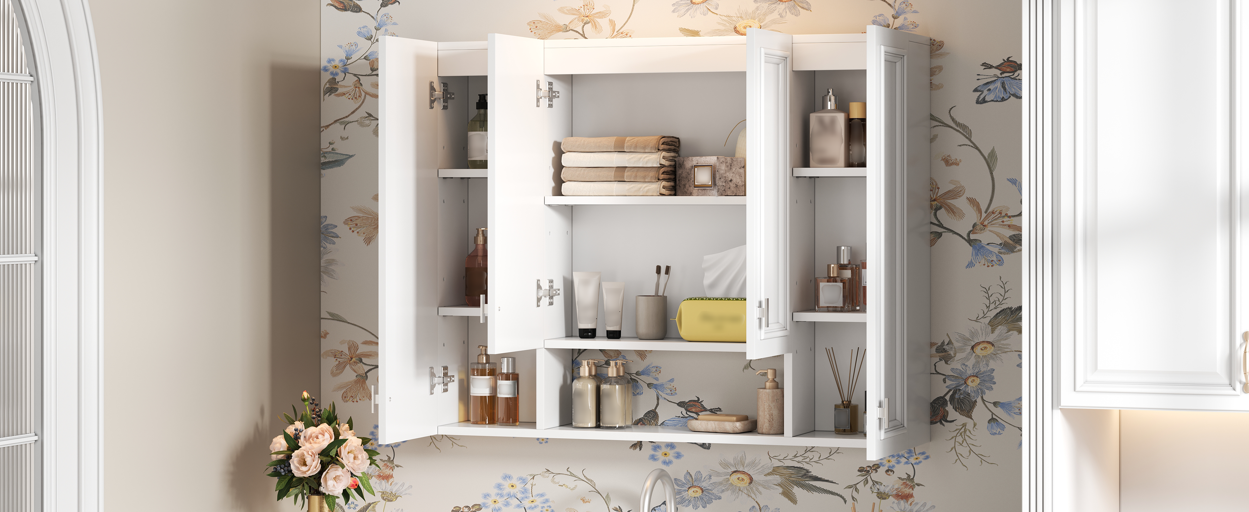 Modern Bathroom Cabinet with 5 Adjustable Shelves, Wall-Mounted Medicine Cabinet for Bathroom, Soft-Closing Hinges, Open Shelving Design