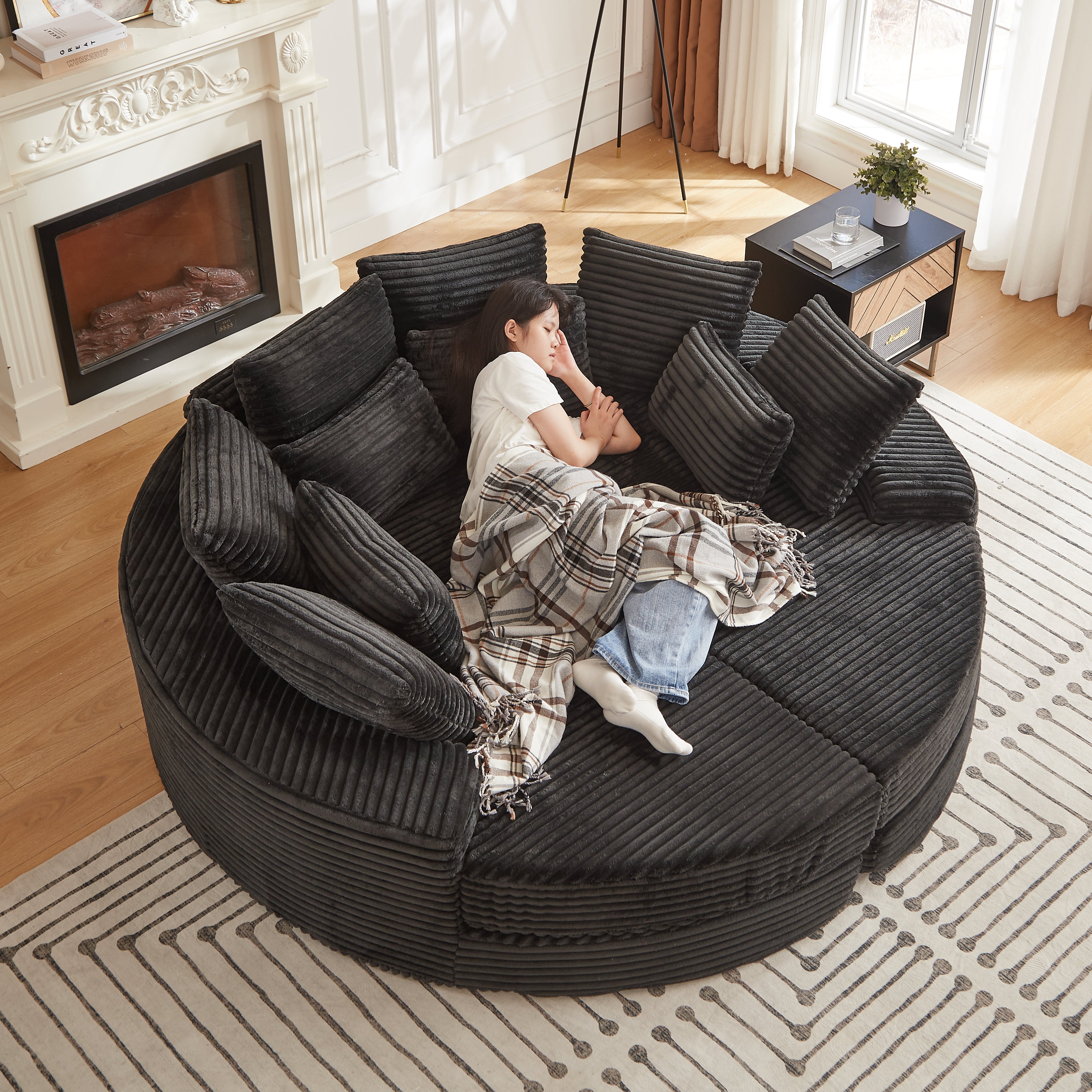 78.5-inch Corduroy Round Oversized Recliner, Converts into Two Recliners, 2-In-1 Sofa Bed, Neck Pillow Design With Five Throw Pillows