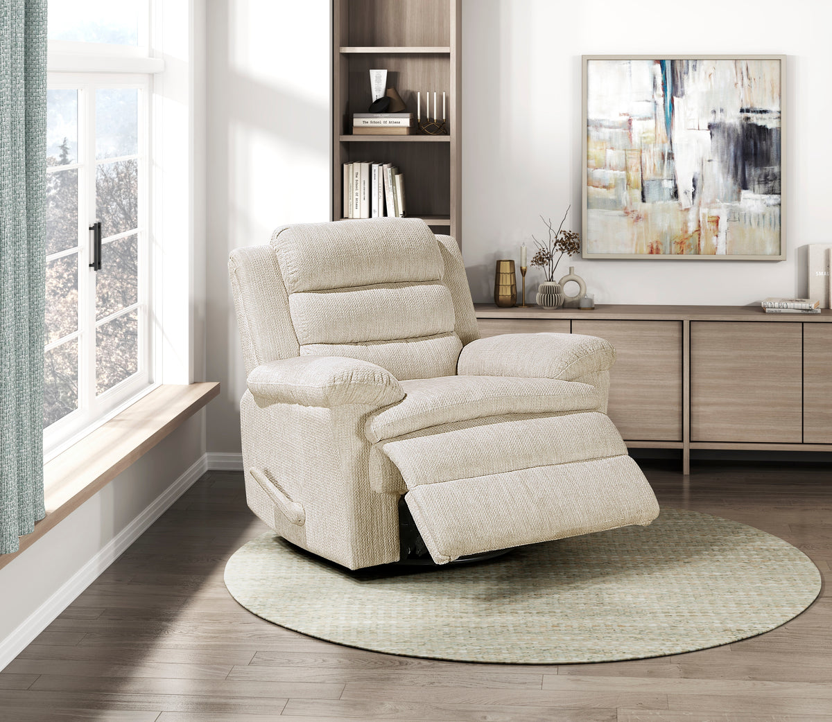 Glider Swivel Recliner Chair Beige Microfiber Upholstery Plywood Frame Durable Plush Comfort Living Room Furniture 1pc