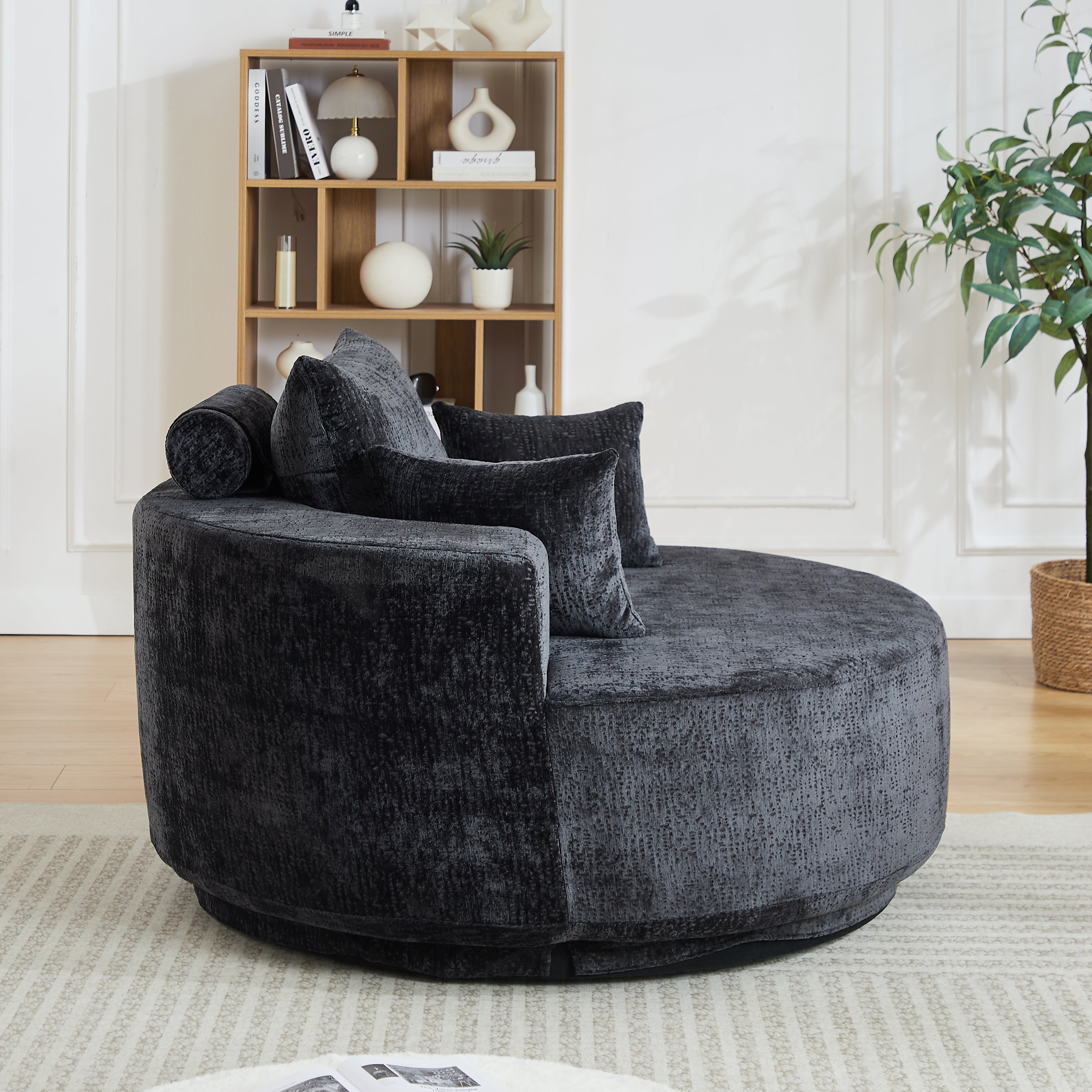 55''L Chenille Foam Single Swivel Chair, Fluffy Modern Sleeper, 360 Degree Swivel Chair for Living Room, Bedroom, Lounge and Projection Room