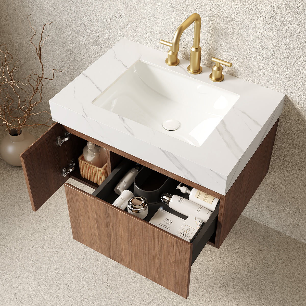 MURI 30" Bathroom Vanity&Sink, Floating Plywood Storage Cabinet with Drawer&Door, Carrara White Sintered Stone Top&Ceramic Basin with 3 Pre-drilled Faucet Holes, Pre-assembled, Brown Oak Woodgrain