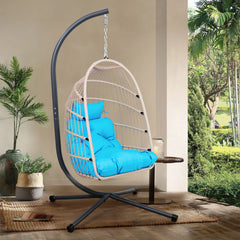Foldable Hanging Egg Chair with Stand and Pillow, HDPE Rattan and Heavy Duty Aluminum-Steel Frame, Outdoor Patio Wicker Swing Egg Chair with Headrest and Cushioned, 350 Lbs Capacity (Blue)
