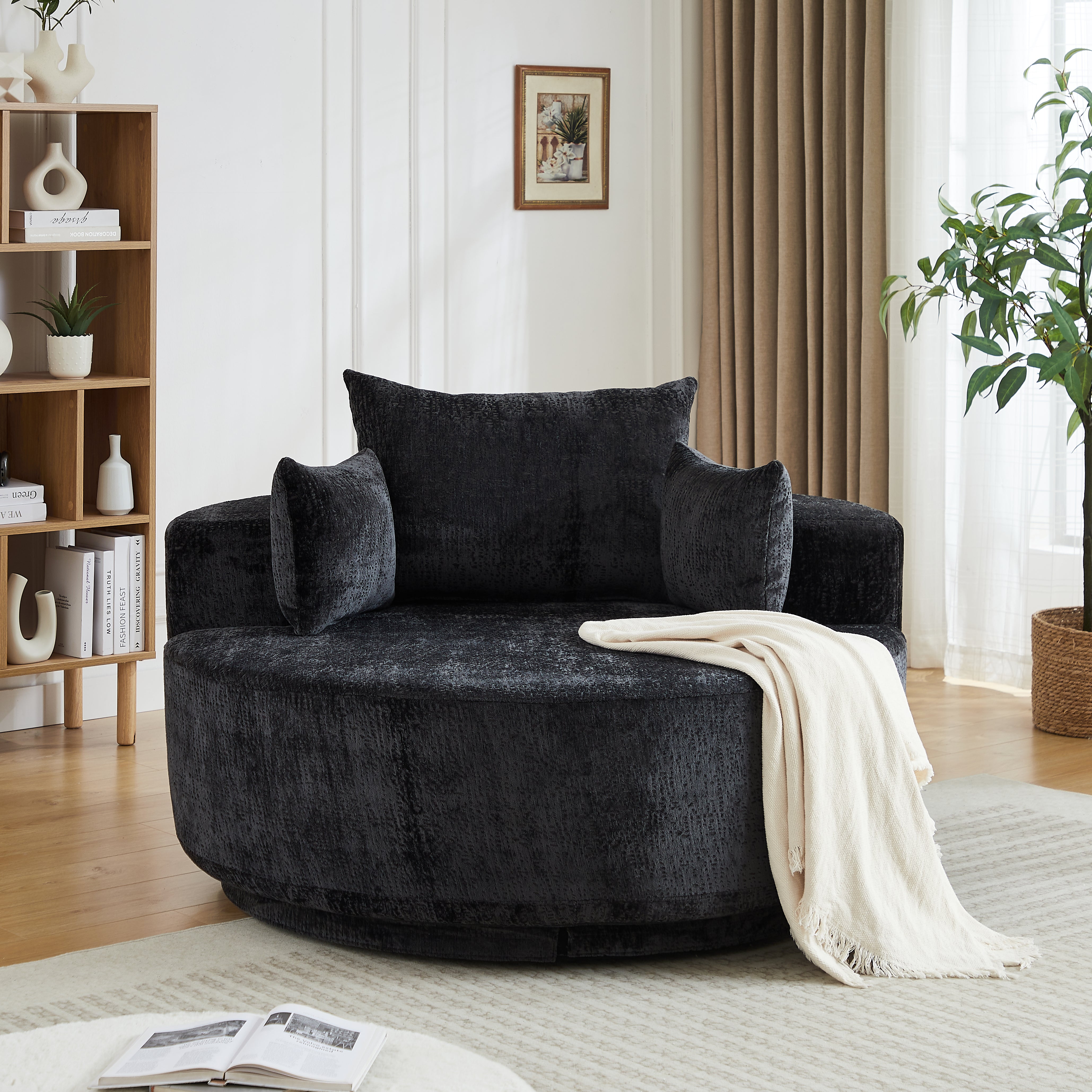 55''L Chenille Foam Single Swivel Chair, Fluffy Modern Sleeper, 360 Degree Swivel Chair for Living Room, Bedroom, Lounge and Projection Room