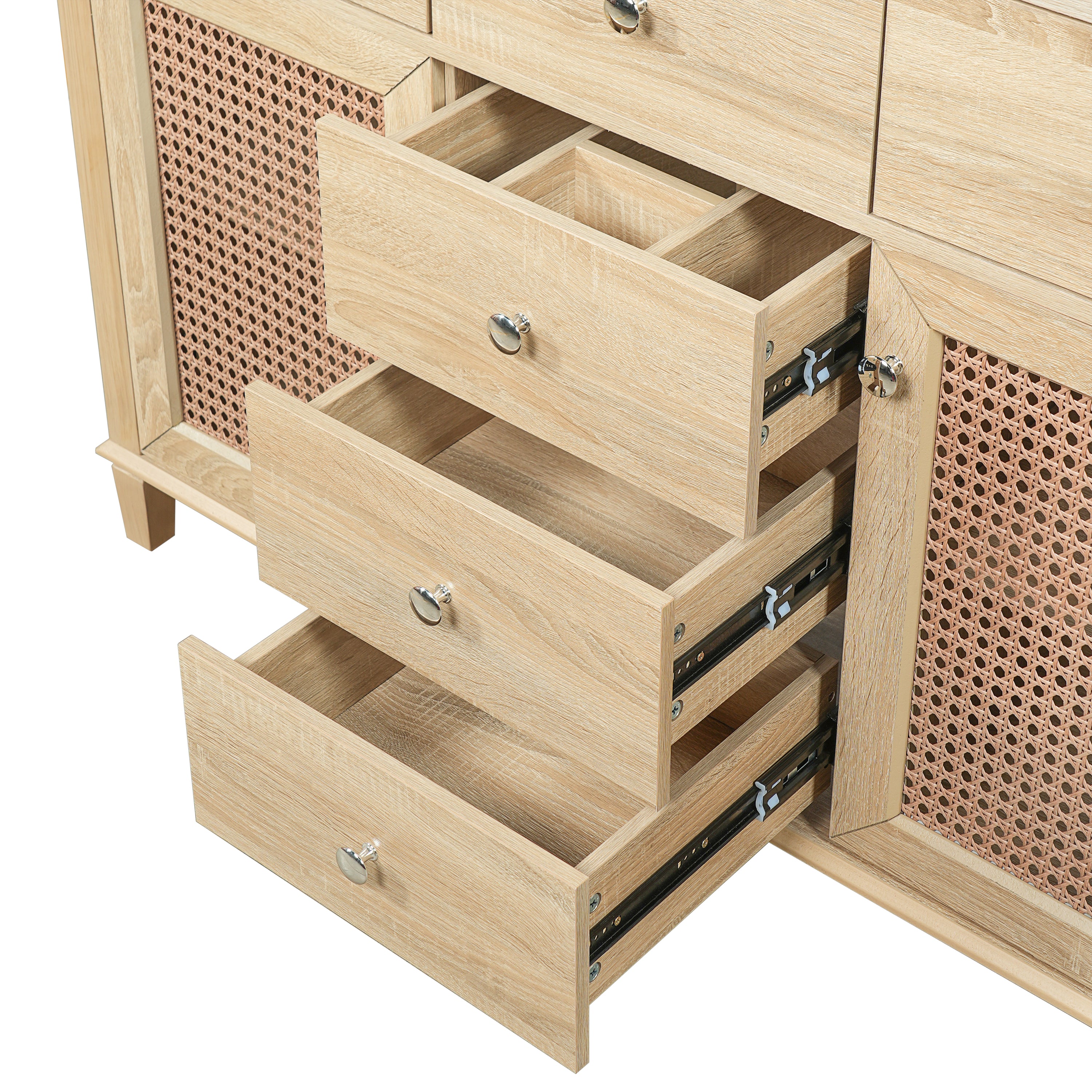 48-Inch Natural Rattan Bathroom Vanity: Solid Wood Frame, 5 Drawers, 2 Rattan Cabinet Doors & Premium Ceramic Sink