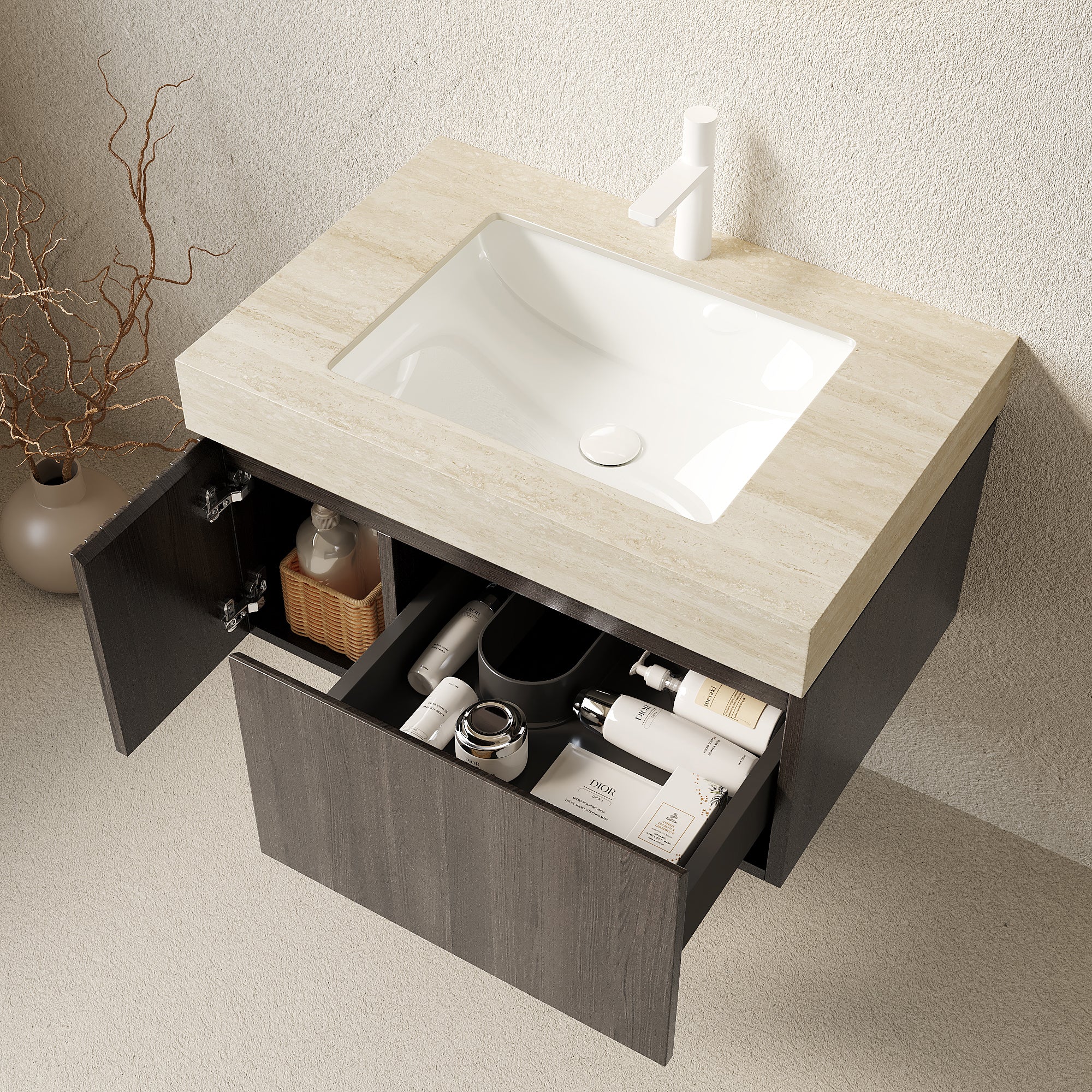 MURI 30" Bathroom Vanity&Sink, Floating Plywood Storage Cabinet with Drawer&Door, Roma Travertine Sintered Stone Top&Ceramic Basin with 1 Pre-drilled Faucet Hole, Pre-assembled, Espresso Woodgrain