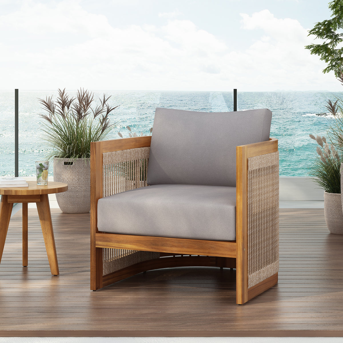Premium Acacia Wood Outdoor Club Chair, Curved Tub Design with Woven Rope Accents, Water-Resistant Cushions, All-Weather Slat Construction