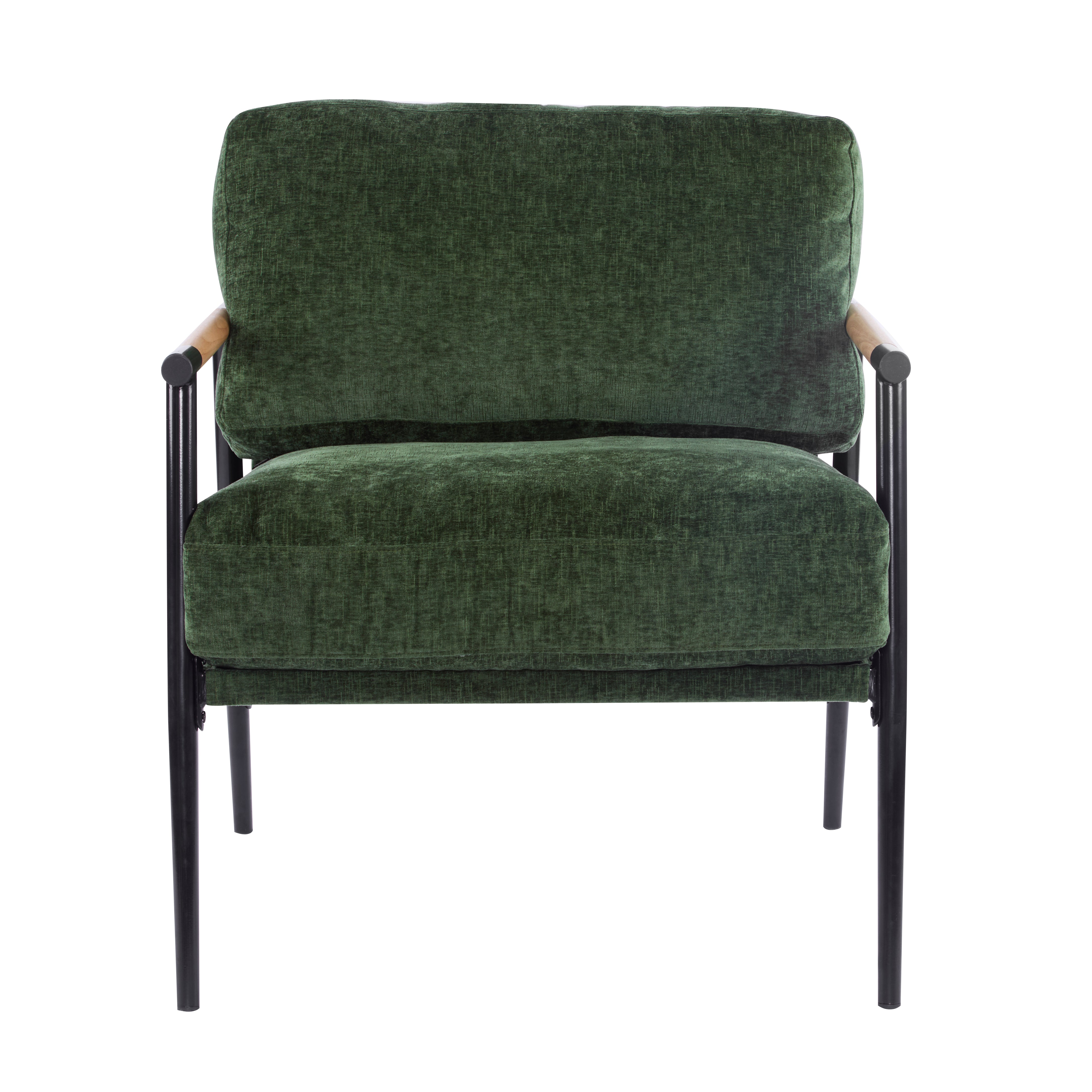 27.56" Modern Accent Chair with Plush Cushions, Minimalist Metal Frame, and Wooden Armrest Design – Perfect for Cozy Living Room, Bedroom, or Office Seating