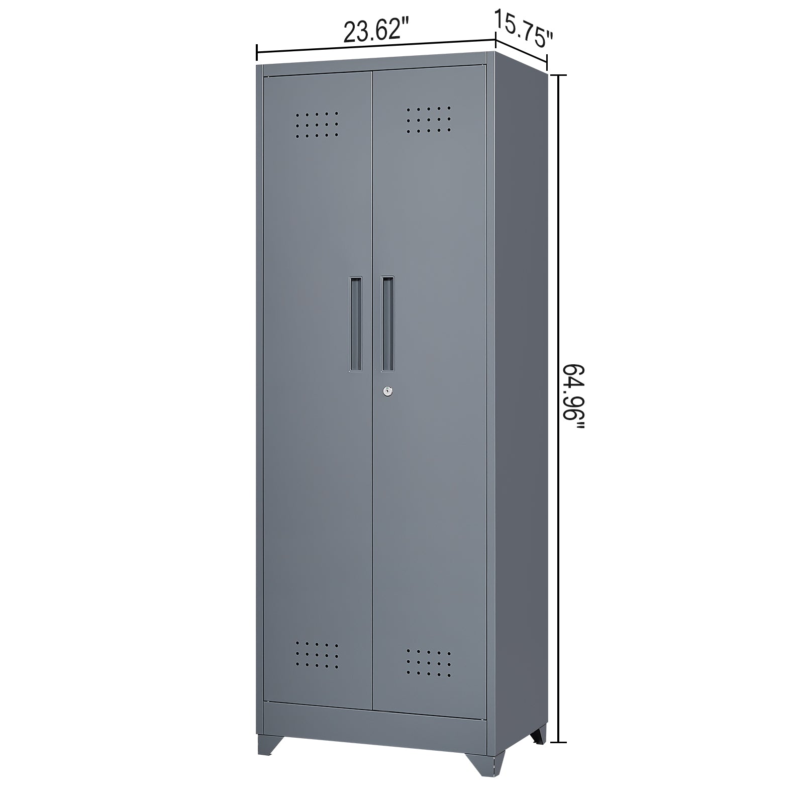 Broom Storage Cabinet With Locking Doors And Shelves, 65" H Metal Storage Cabinet With Hanging Rod & S-Hooks, Cleaning Tool Storage Cabinet Grey
