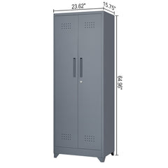 Broom Storage Cabinet With Locking Doors And Shelves, 65" H Metal Storage Cabinet With Hanging Rod & S-Hooks, Cleaning Tool Storage Cabinet Grey