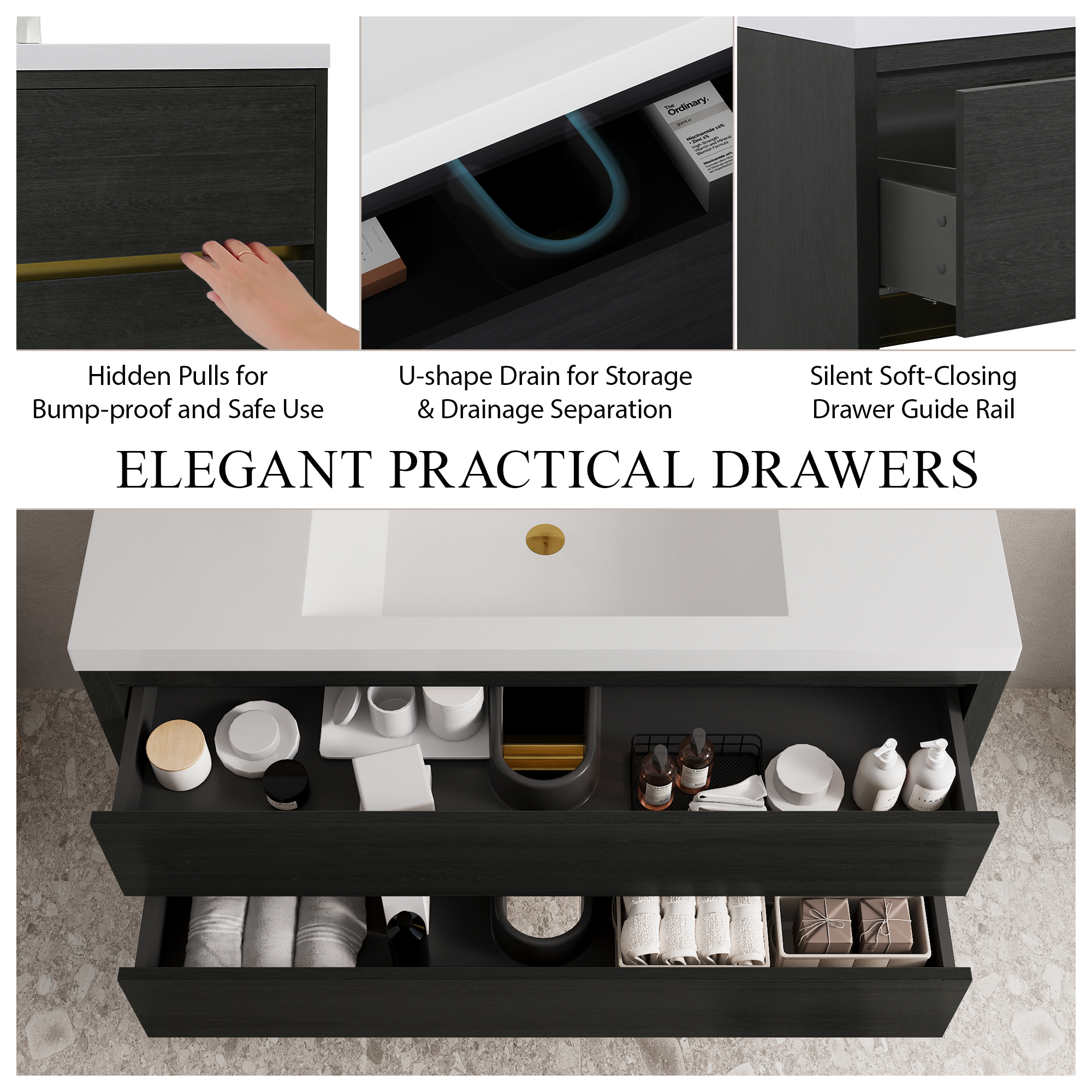 48" Wall-Mounted Bathroom Vanity with Sink, Floating Bathroom Storage Cabinet with Stone Resin Countertop and Soft Close Drawers Fully Assembled, Espresso Wood 24V15-48EW-W1920P414548