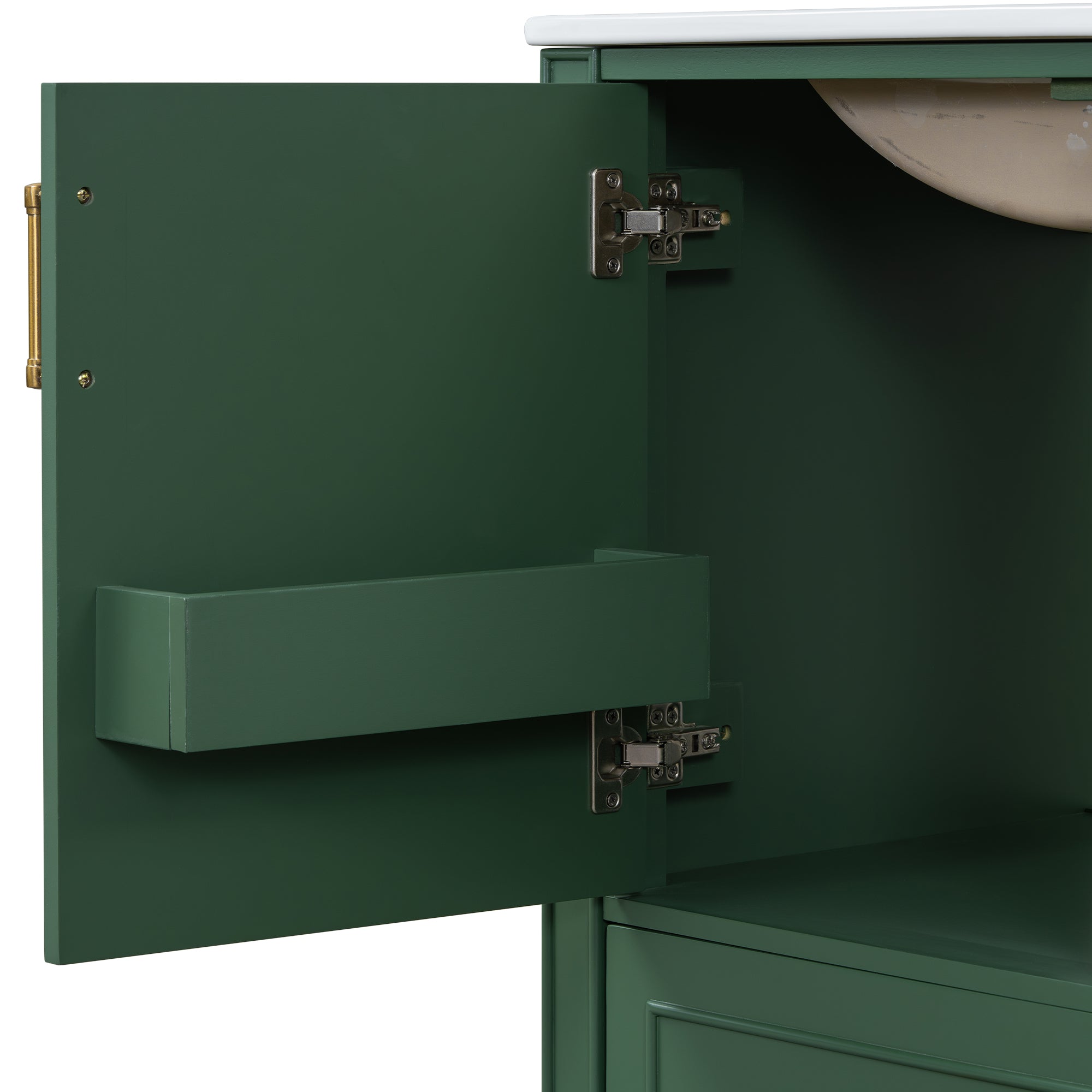 Traditional 30" Green Bathroom Vanity Set, Floor Standing, with Three Drawers, Soft Close Doors, with Long Gold Metal Handles - Perfect for Small Bathrooms