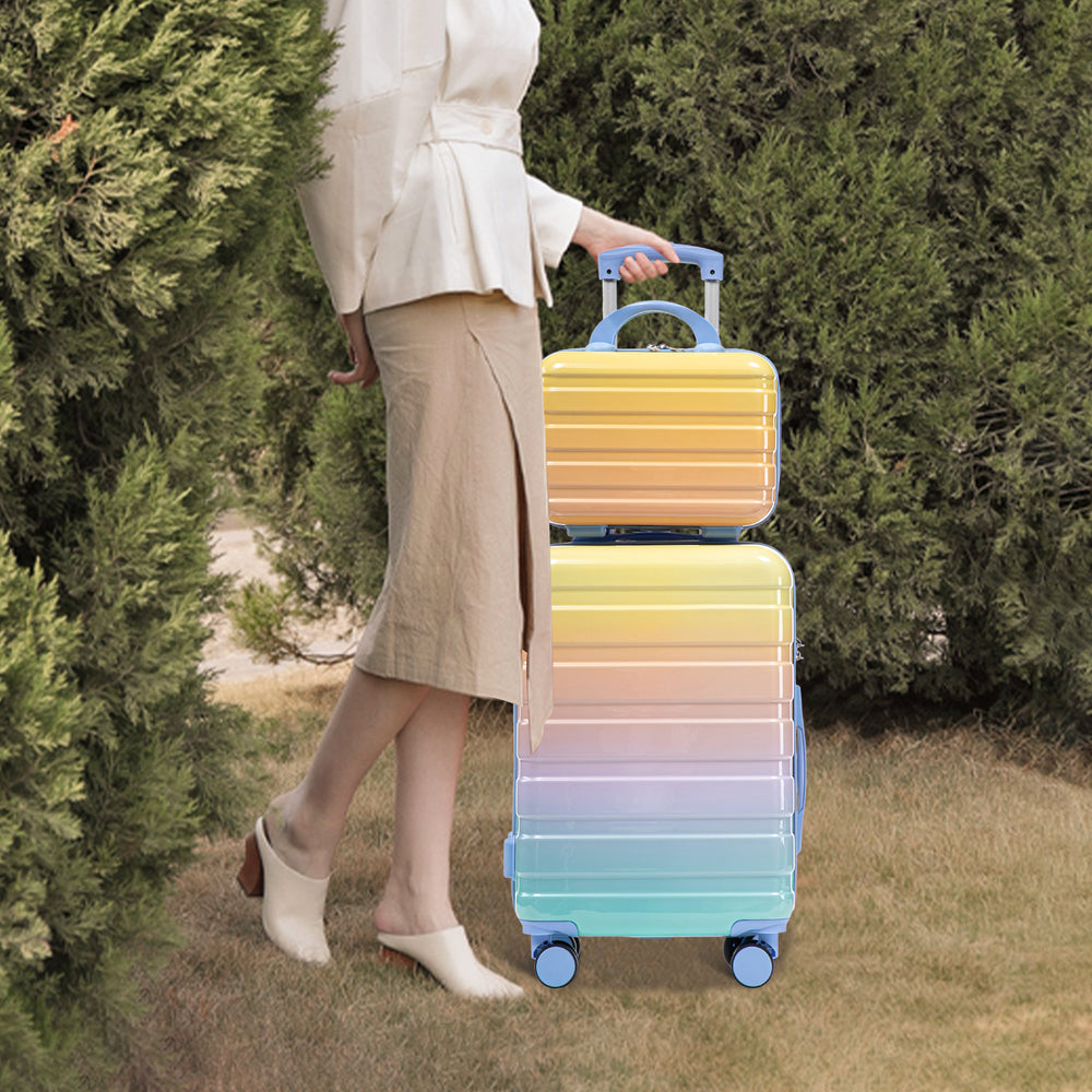 20" Carry-On Suitcase + 14" Cosmetic Case Set (PC Hard Shell, Gradient Blue/Yellow)