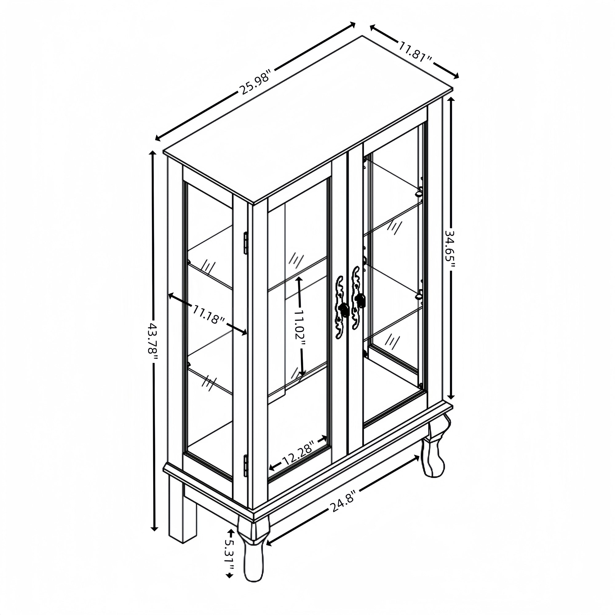 Curio Cabinet with Tempered Glass Doors, Lighted Display Cabinet with Mirrored Back Panel & Adjustable Shelves Perfect for Home or Office (Light Bulb Included)- Black