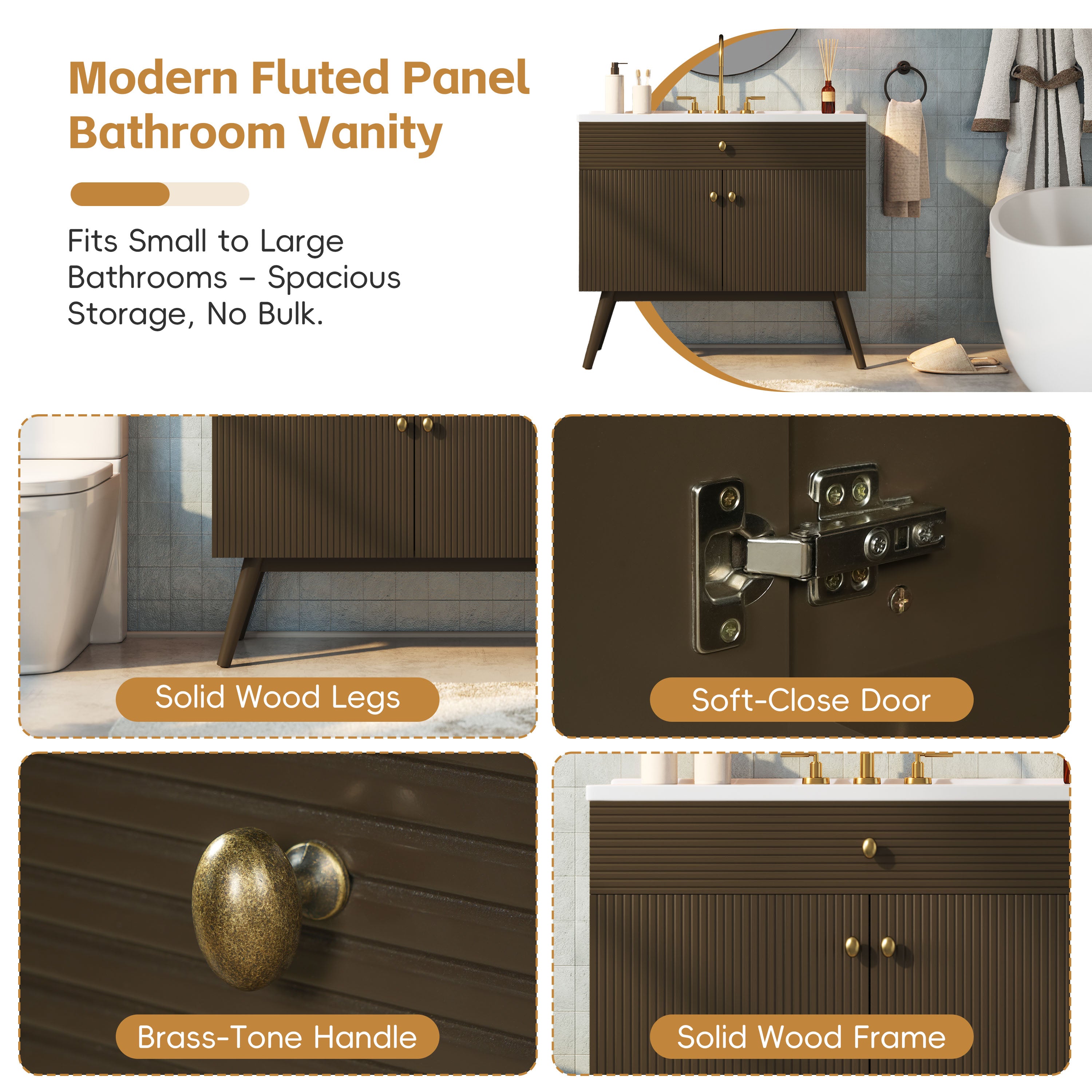 36" Luxury Striped Dark Brown Vanity: Soft-Close Dual-Door Storage & Premium Ceramic Sink