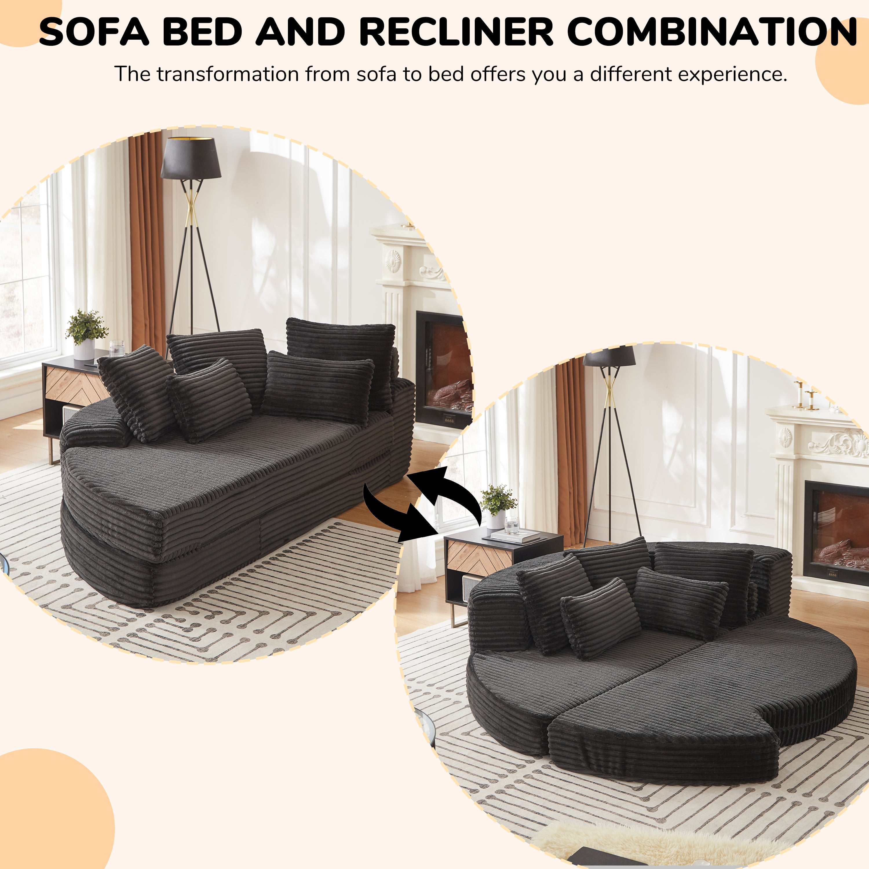 78.5-Inch Corduroy Semi-Circular 2-in-1 Sofa Bed, Designer Recliner with Neck Pillow and Five Throw Pillows in Living Room