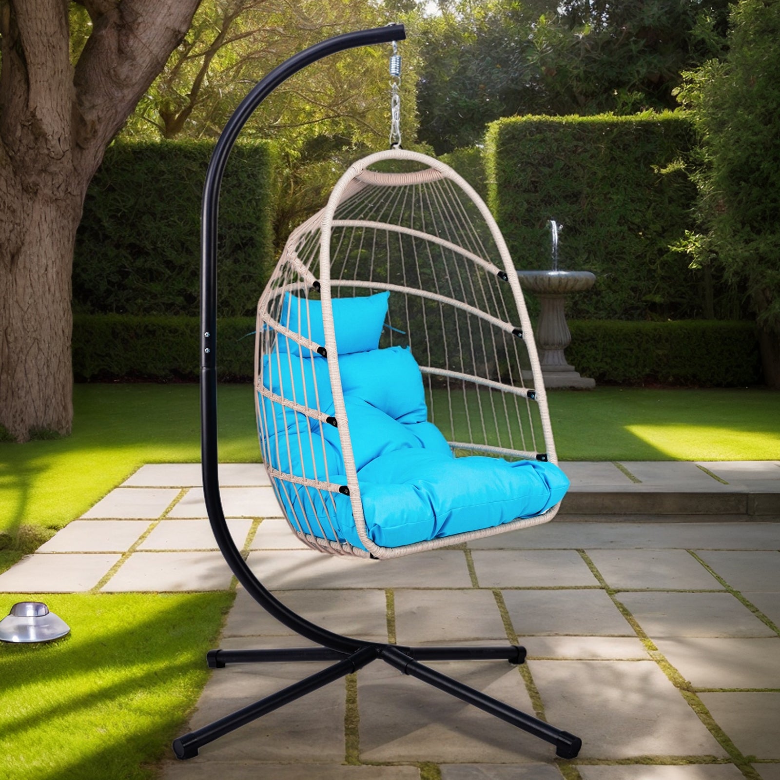 Foldable Hanging Egg Chair with Stand and Pillow, HDPE Rattan and Heavy Duty Aluminum-Steel Frame, Outdoor Patio Wicker Swing Egg Chair with Headrest and Cushioned, 350 Lbs Capacity (Blue)