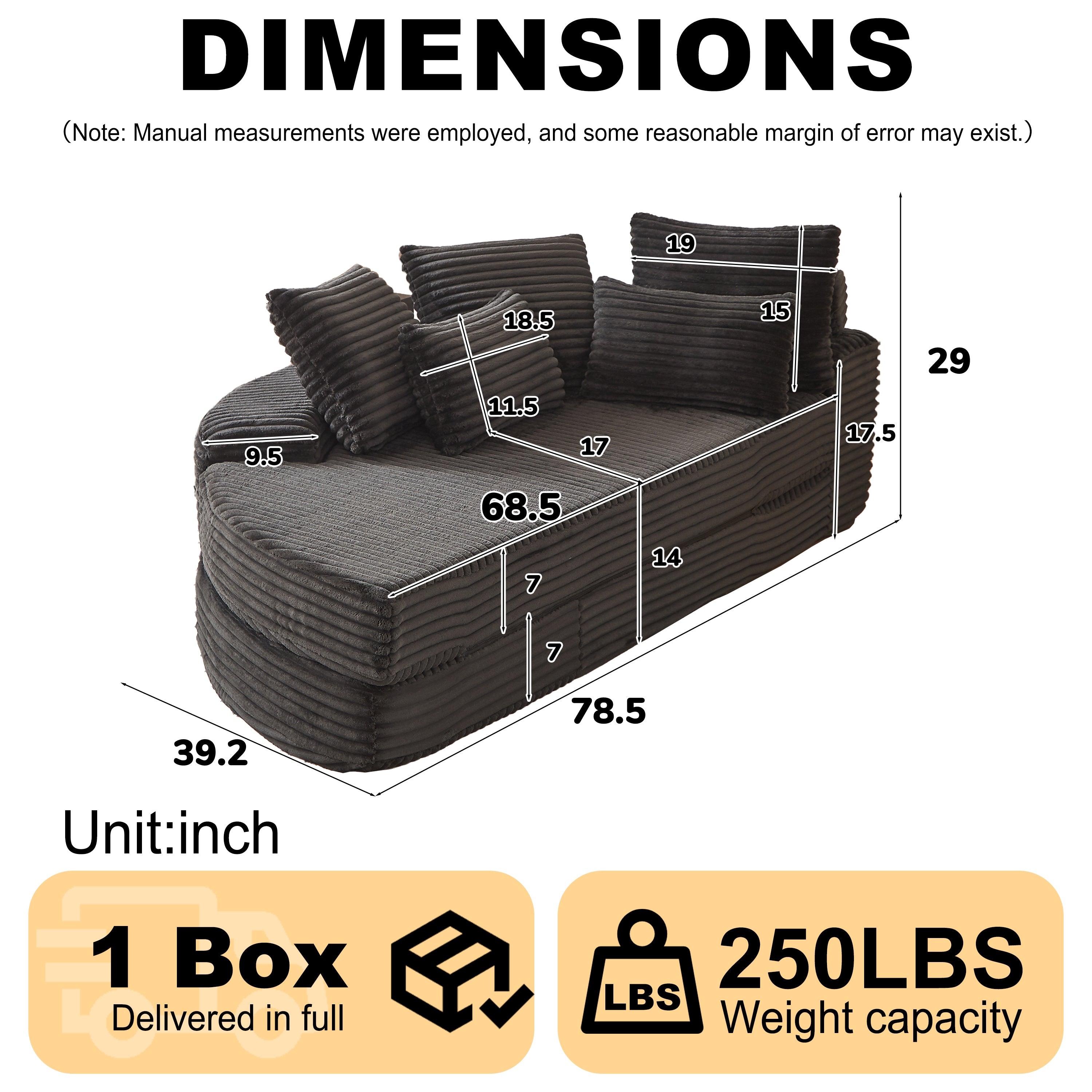 78.5-Inch Corduroy Semi-Circular 2-in-1 Sofa Bed, Designer Recliner with Neck Pillow and Five Throw Pillows in Living Room