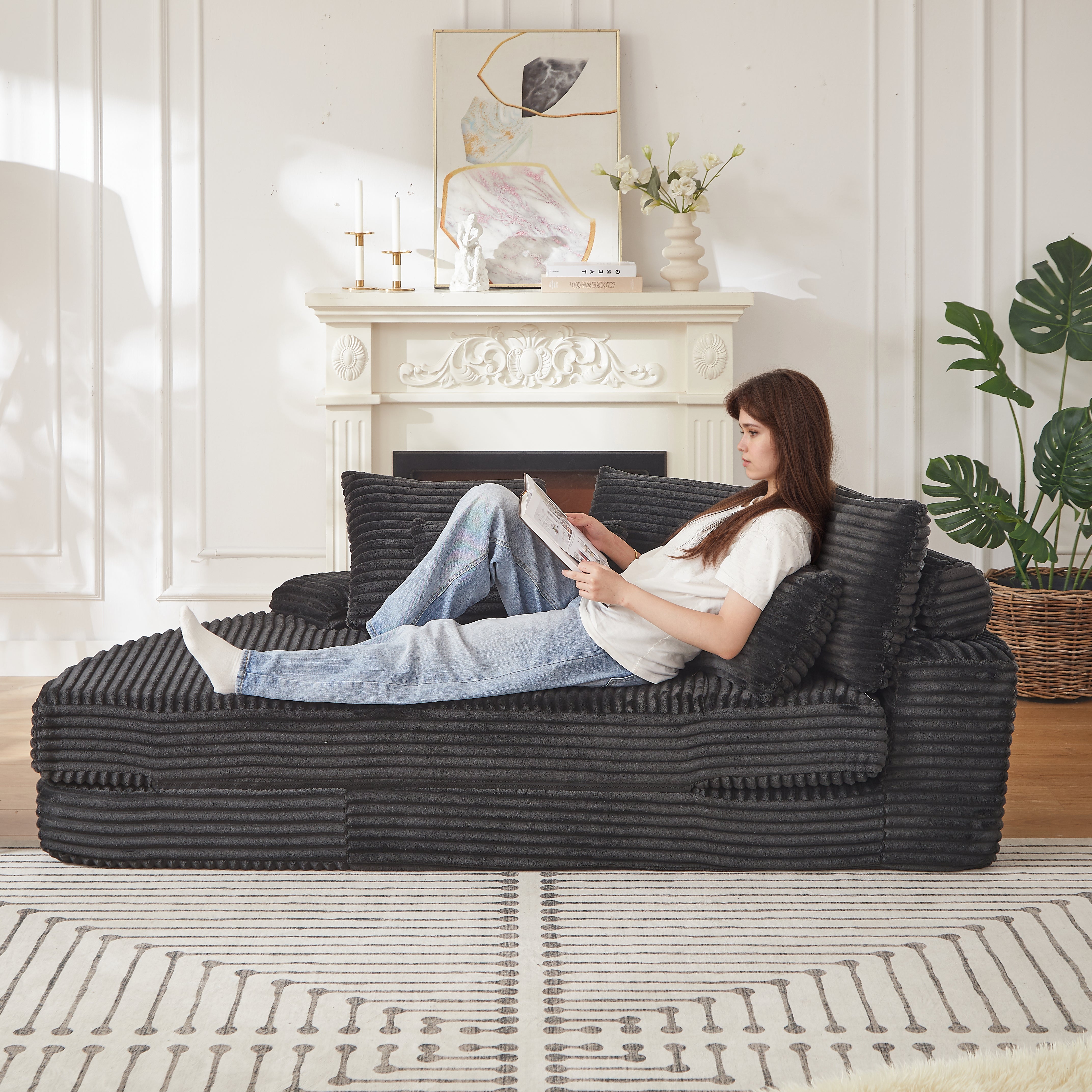 78.5-Inch Corduroy Semi-Circular 2-in-1 Sofa Bed, Designer Recliner with Neck Pillow and Five Throw Pillows in Living Room