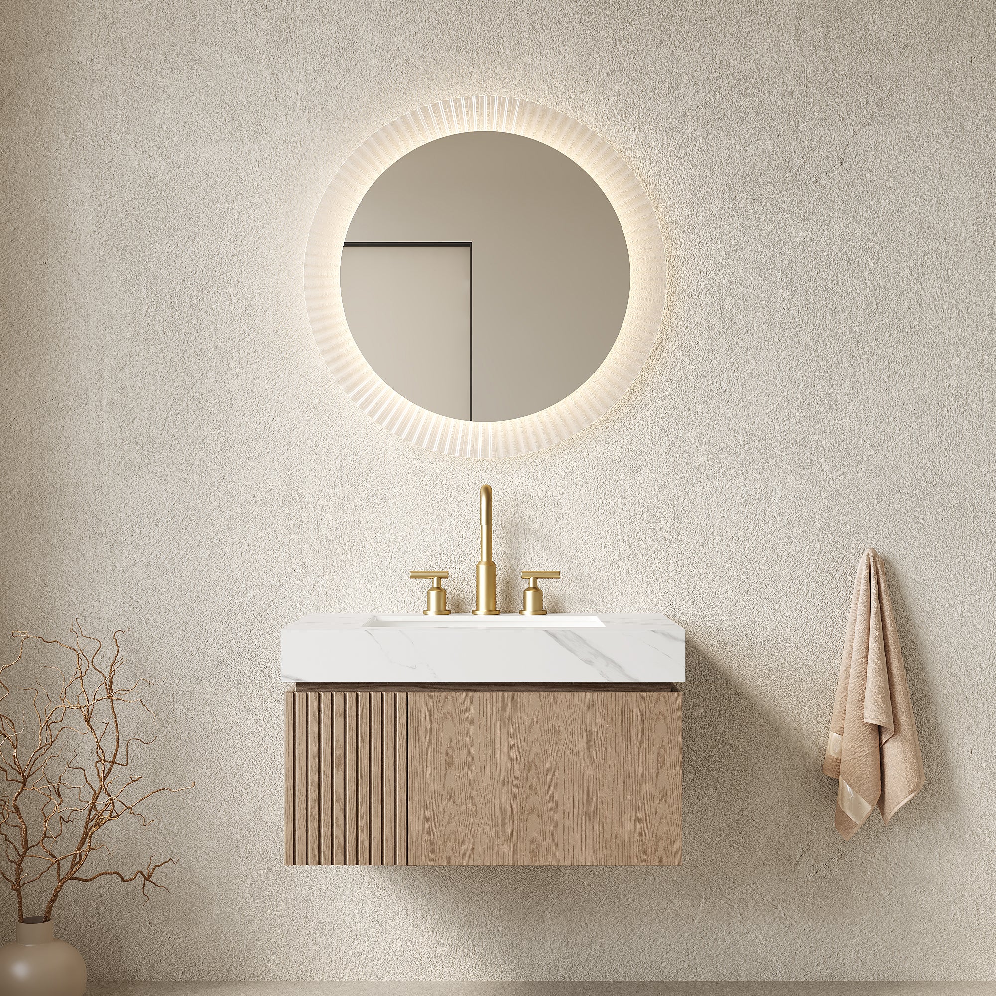 MURI 30" Bathroom Vanity&Sink, Floating Plywood Storage Cabinet with Drawer&Door, Carrara White Sintered Stone Top&Ceramic Basin with 3 Pre-drilled Faucet Holes, Pre-assembled, Heidelberg Woodgrain