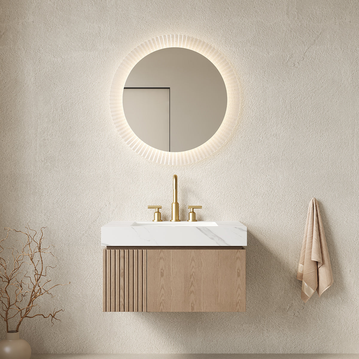MURI 30" Bathroom Vanity&Sink, Floating Plywood Storage Cabinet with Drawer&Door, Carrara White Sintered Stone Top&Ceramic Basin with 3 Pre-drilled Faucet Holes, Pre-assembled, Heidelberg Woodgrain