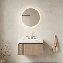 MURI 30" Bathroom Vanity&Sink, Floating Plywood Storage Cabinet with Drawer&Door, Carrara White Sintered Stone Top&Ceramic Basin with 3 Pre-drilled Faucet Holes, Pre-assembled, Heidelberg Woodgrain