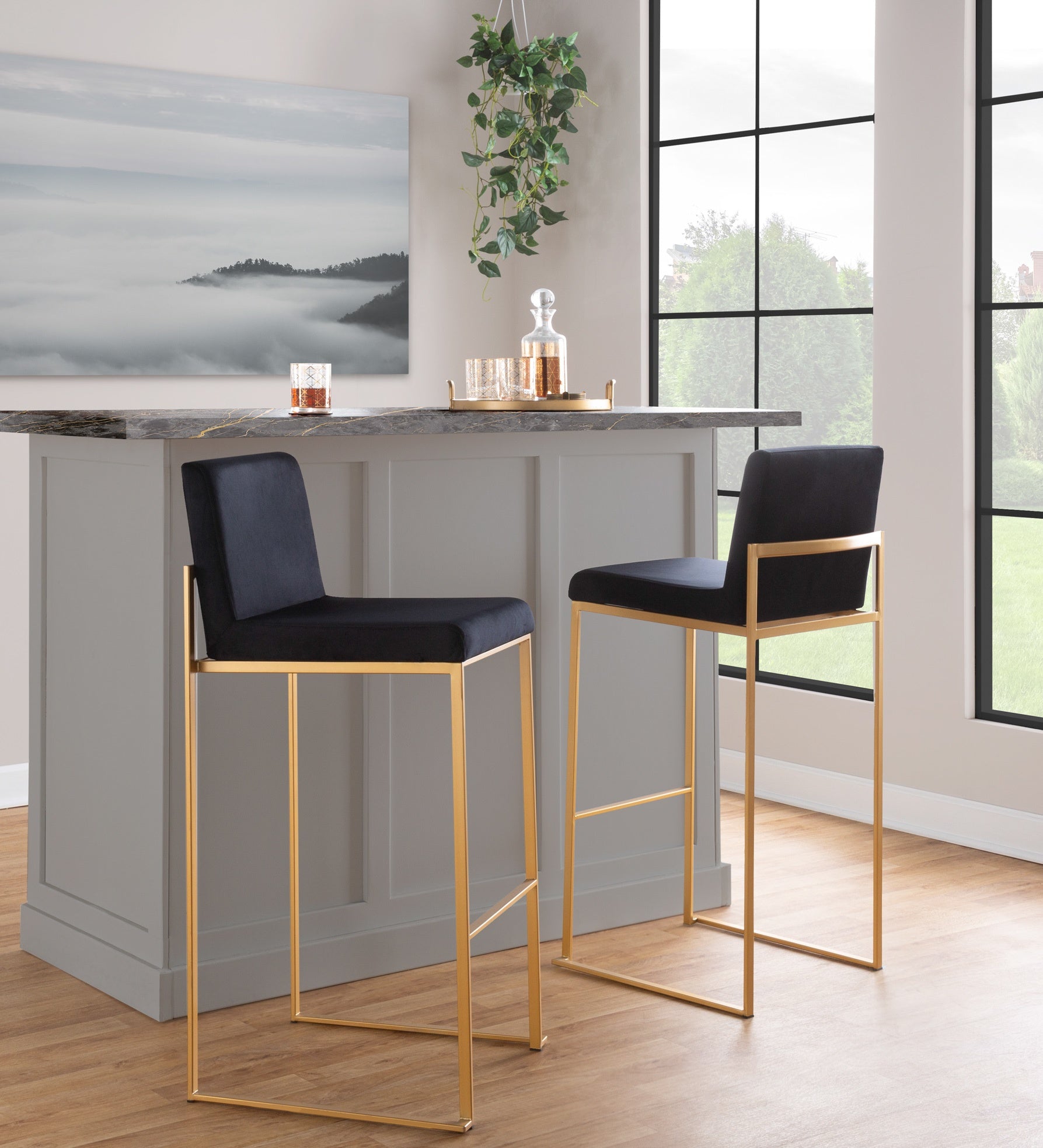 Fuji Contemporary High Back Barstool in Gold Steel and Black Faux Leather by LumiSource - Set of 2