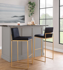 Fuji Contemporary High Back Barstool in Gold Steel and Black Faux Leather by LumiSource - Set of 2